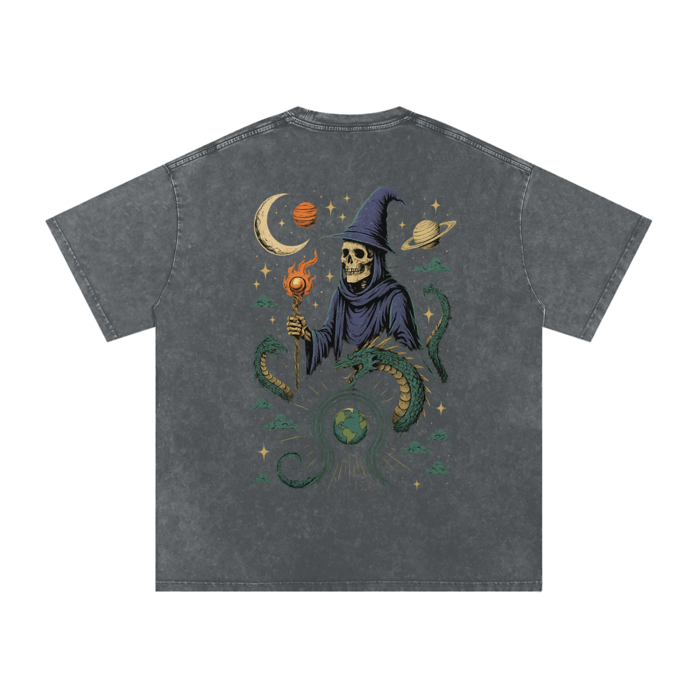 Dark wizard and galaxy design on pirate gray tee back