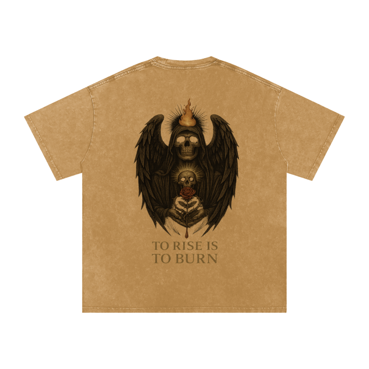Back design of flaming skull angel holding a rose with ‘To Rise Is To Burn’ message – gothic oversized tee Light Brown