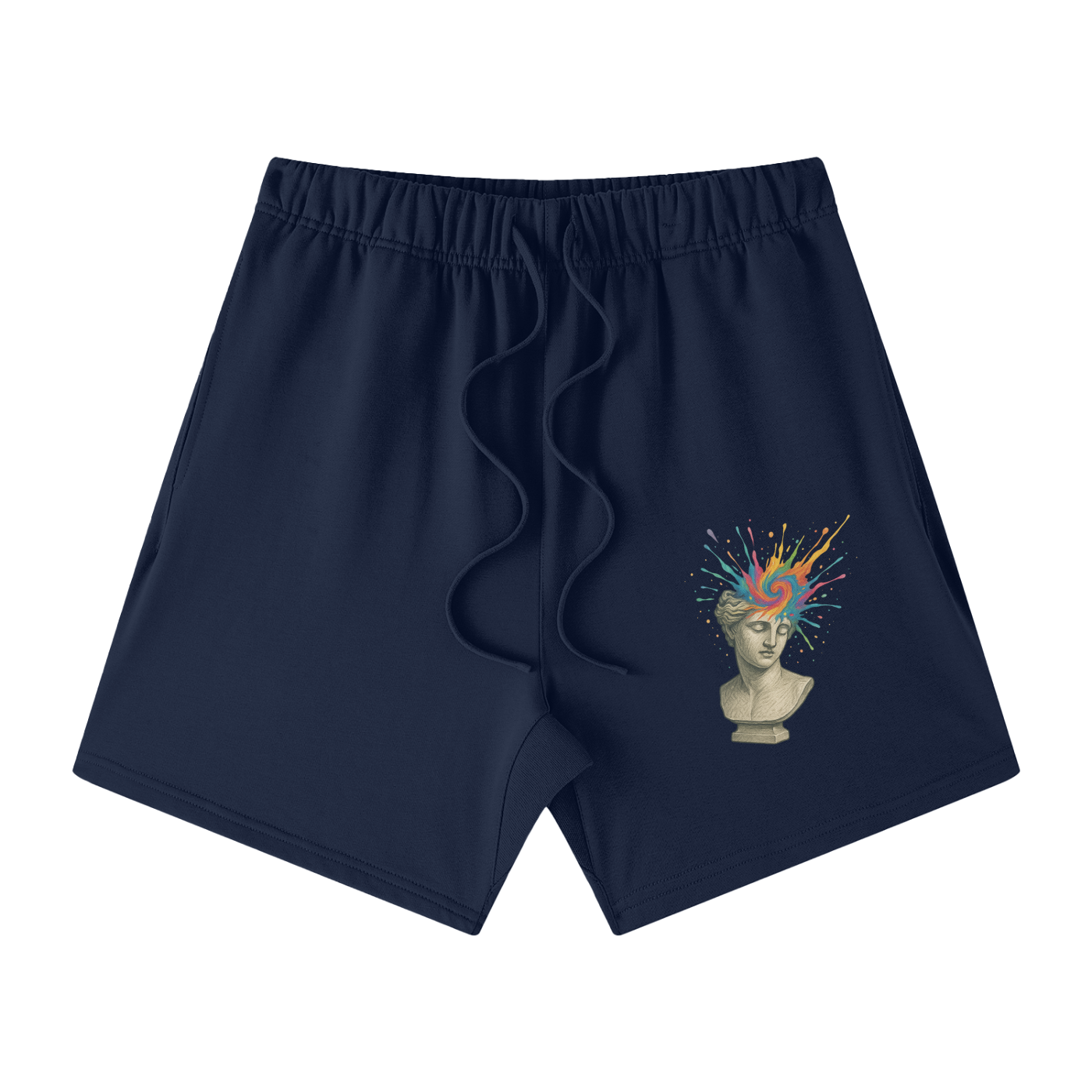 Navy Solar Equilibrium cotton shorts front – modern art splash on statue, expressive cotton shorts