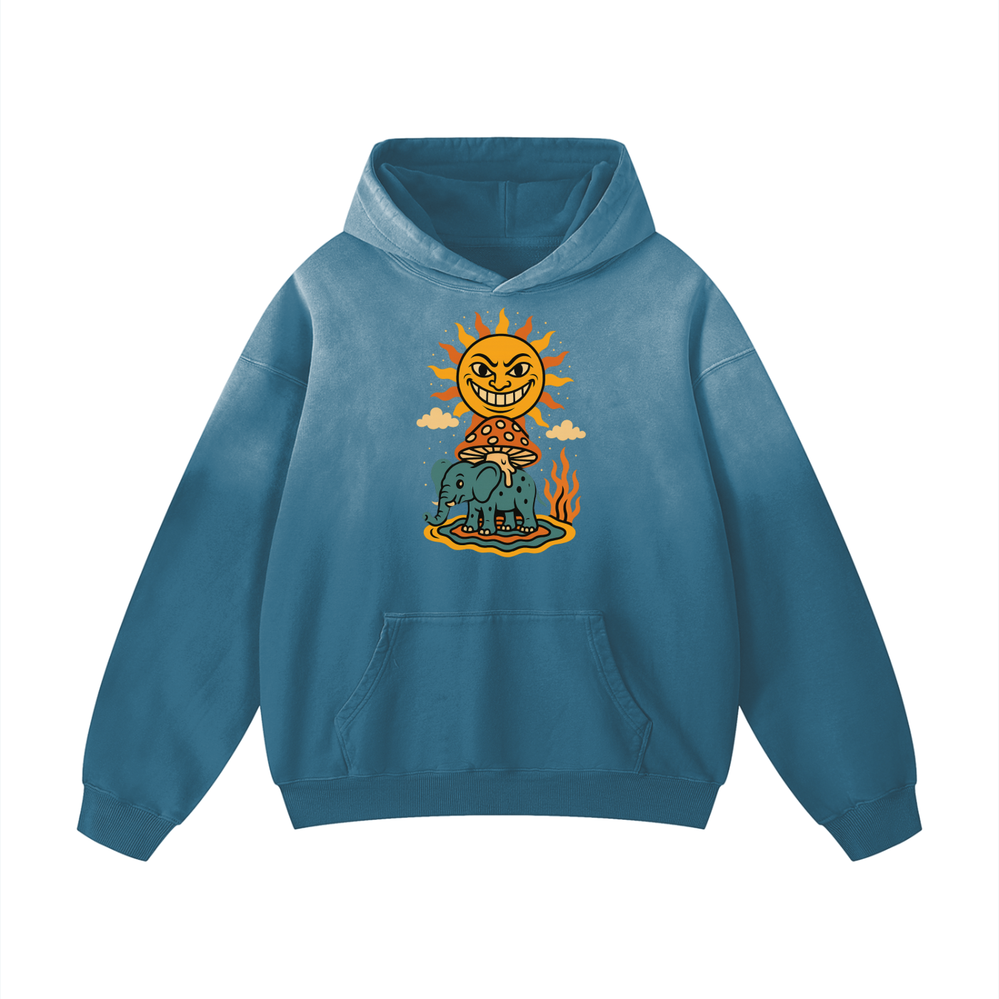 Cotton hoodie with front wizard graphic in jeans blue color
