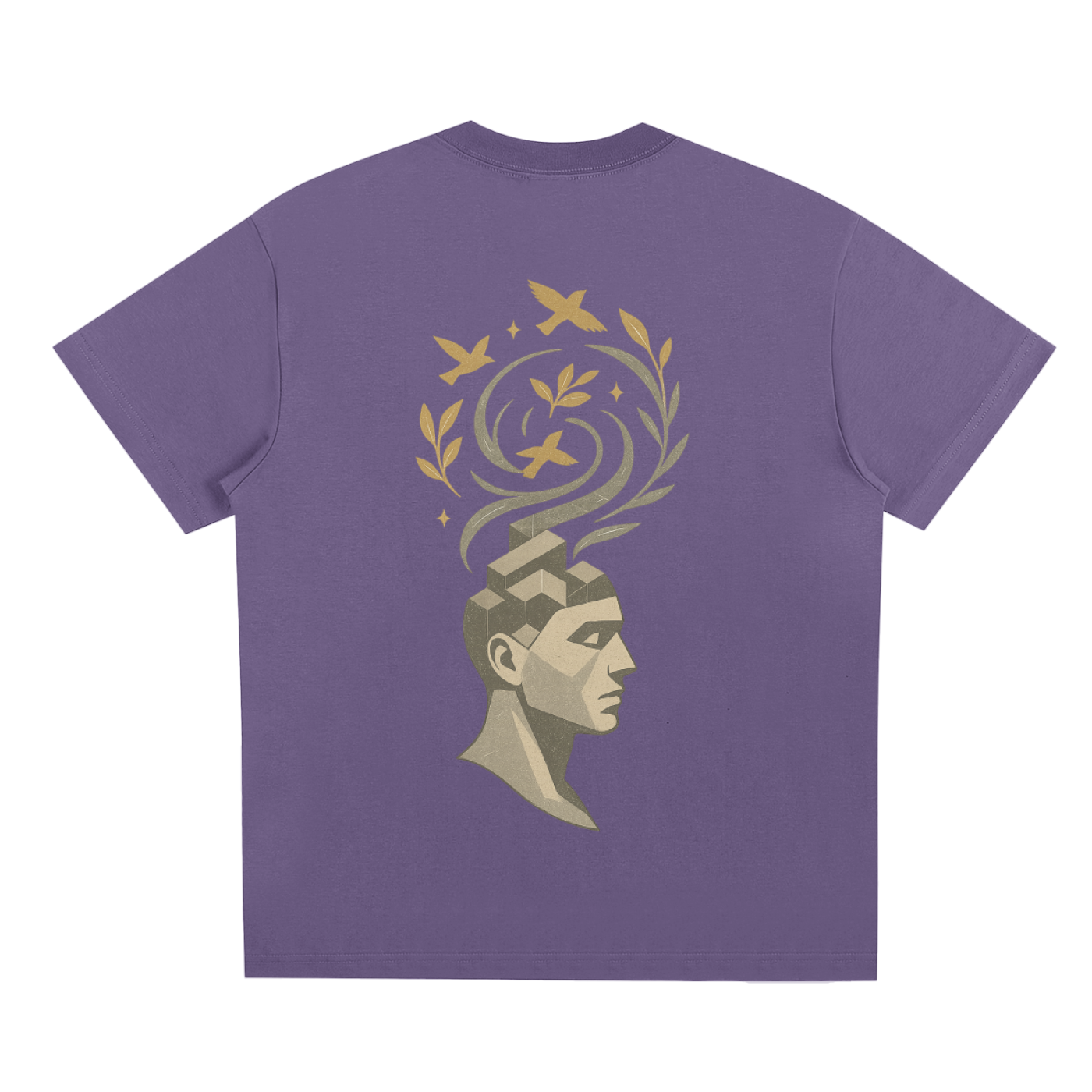 Back illustration showing surreal mind-bloom design on misty purple oversized tee