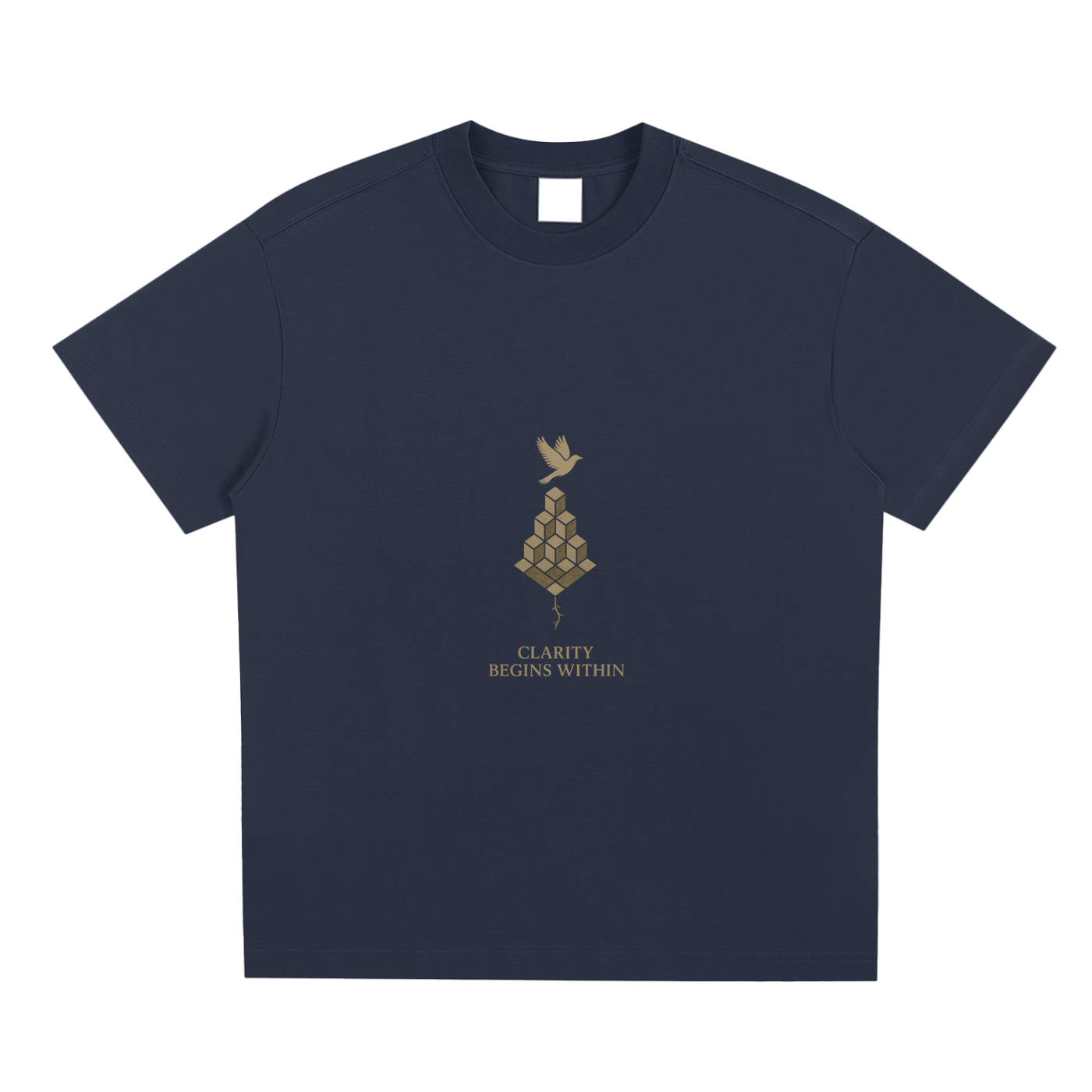 Front view of Mind Bloom Sorona® graphic tee with golden design on midnight blue background