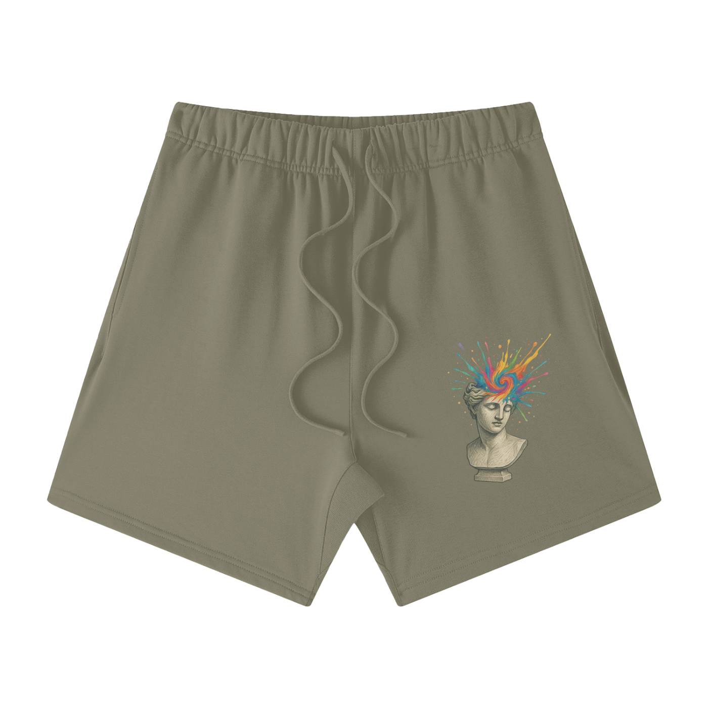 Gray Green Solar Equilibrium cotton shorts front – abstract color statue bust, cotton mid waist design