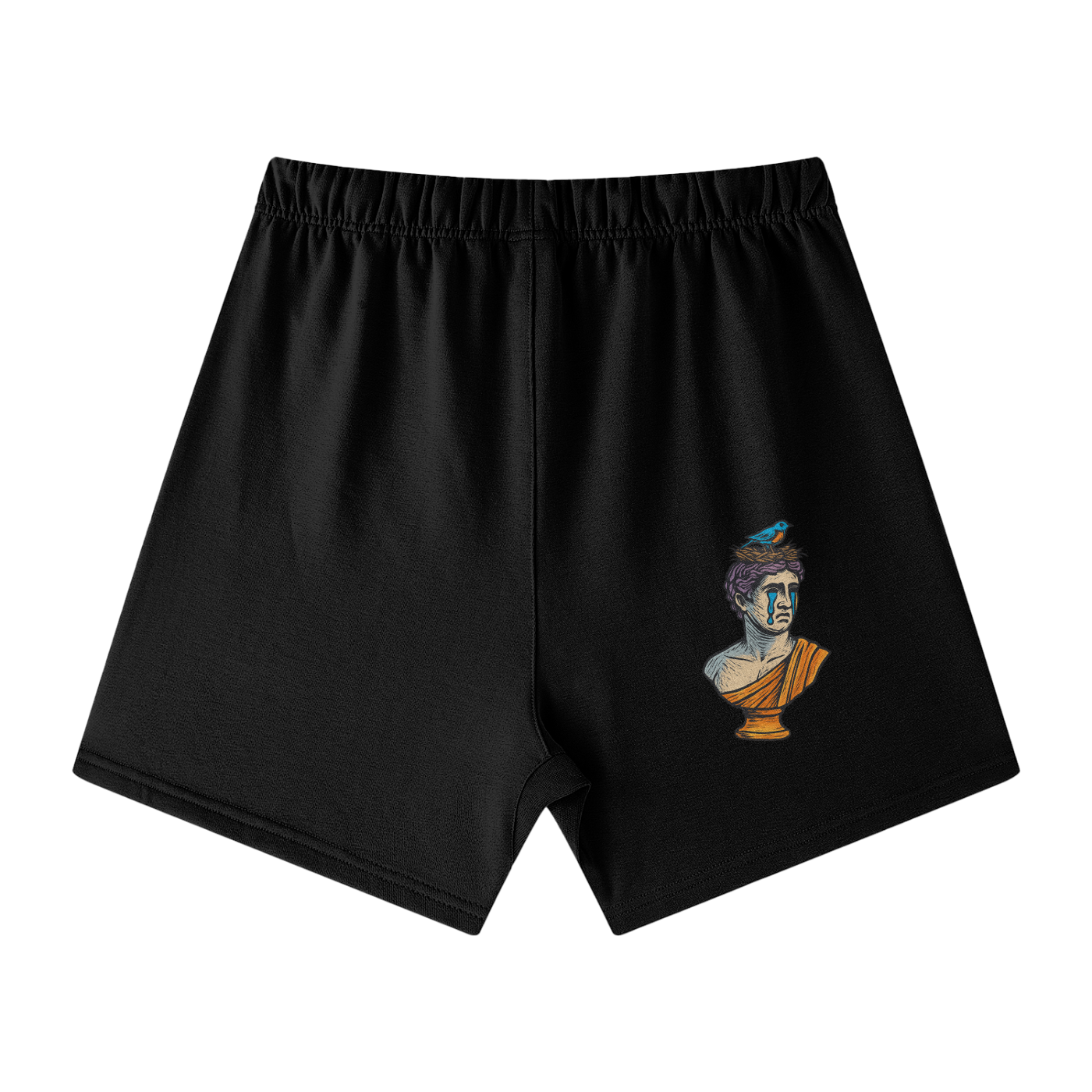 Black Solar Equilibrium cotton shorts back – crying statue artwork, premium Greek sculpture print, men’s fashion