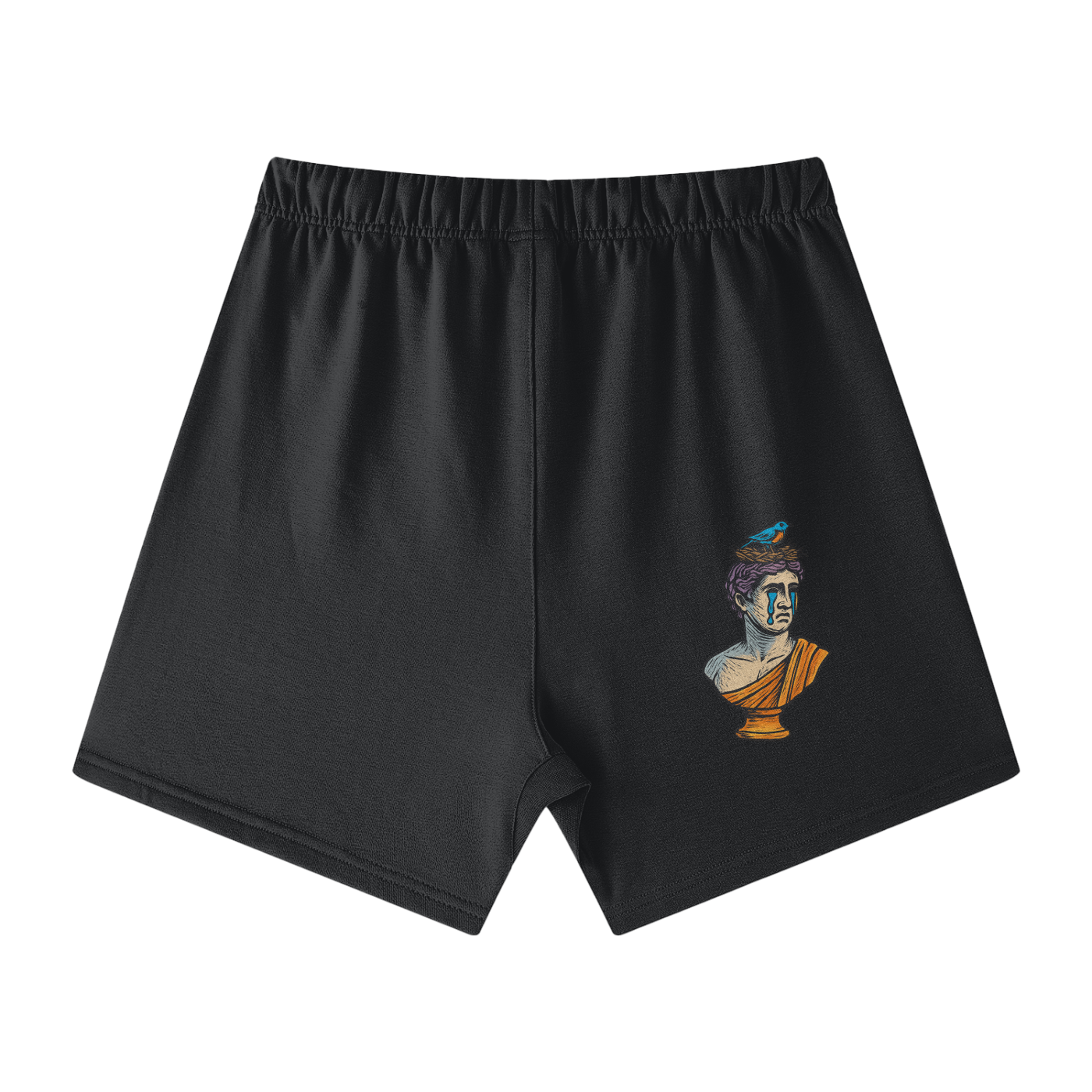 Carbon Gray Solar Equilibrium cotton shorts back – vintage bust and bird art, urban fashion shorts