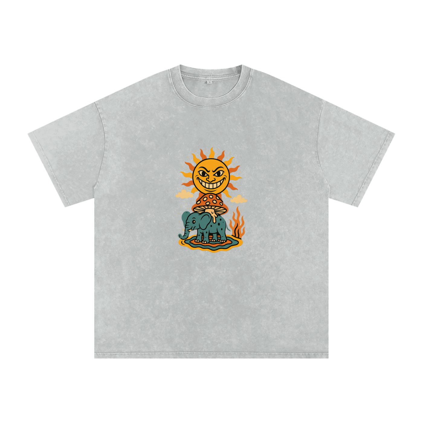 Psychedelic sun and mushroom graphic on light gray tee front