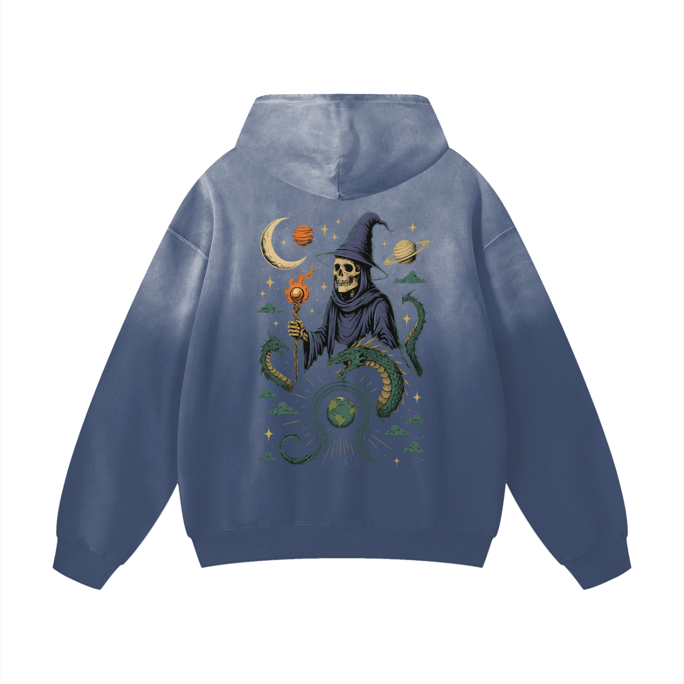 Graphic wizard and serpent design on gray blue cotton hoodie