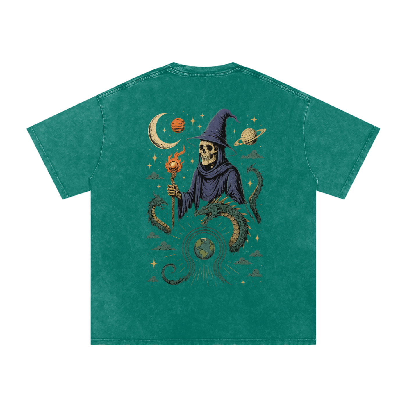 Mythical serpent wraps Earth in dark green vintage tee