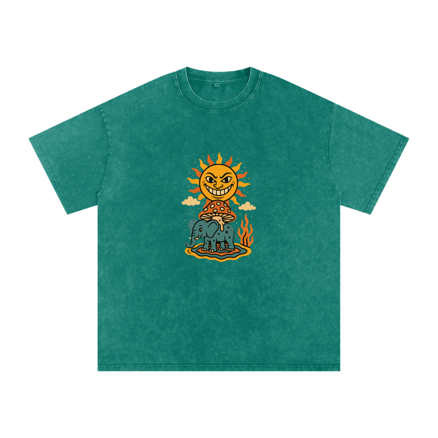 Surreal wizard and flame print on dark green tee front
