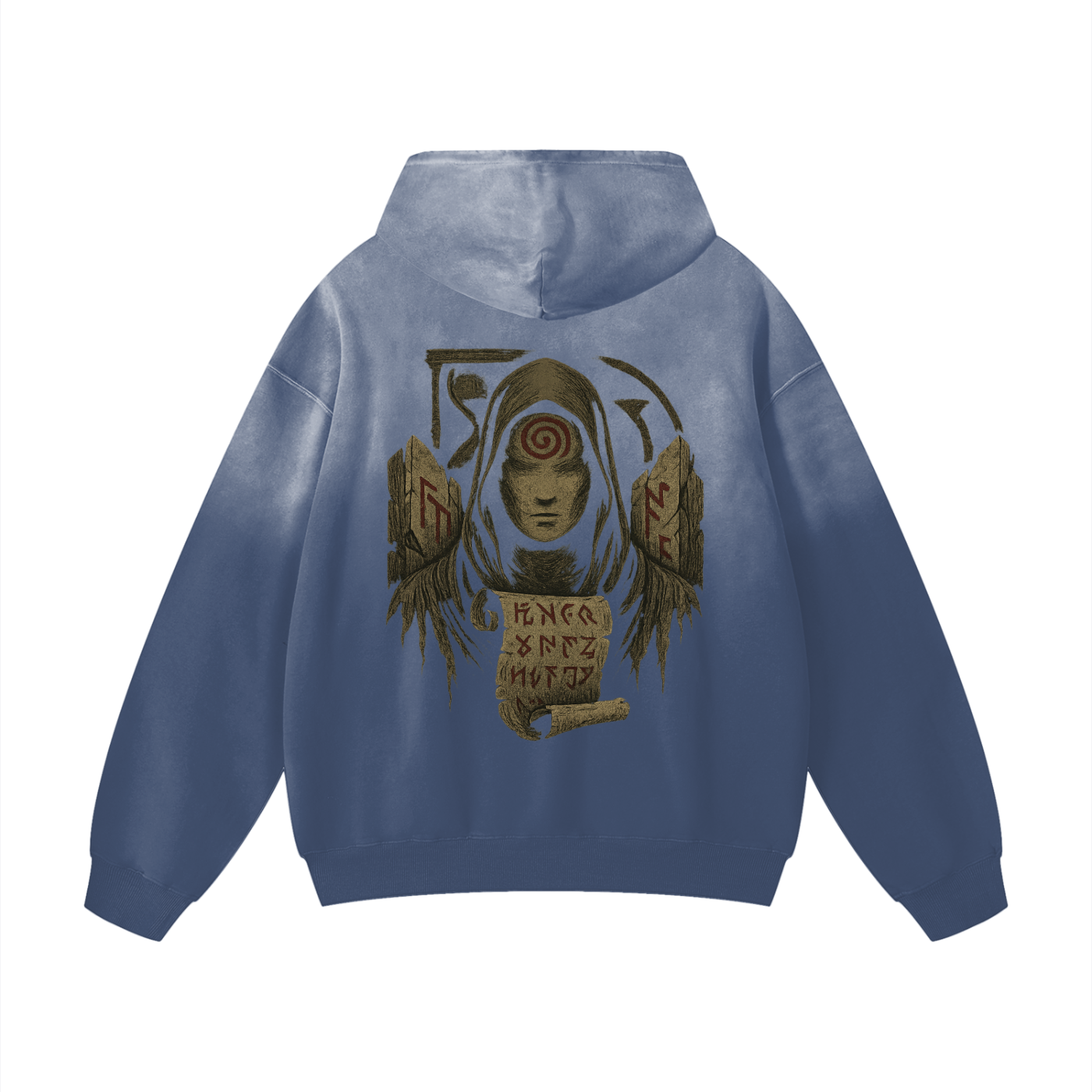 Back view of heavyweight streetwear hoodie with mystic print, gray blue