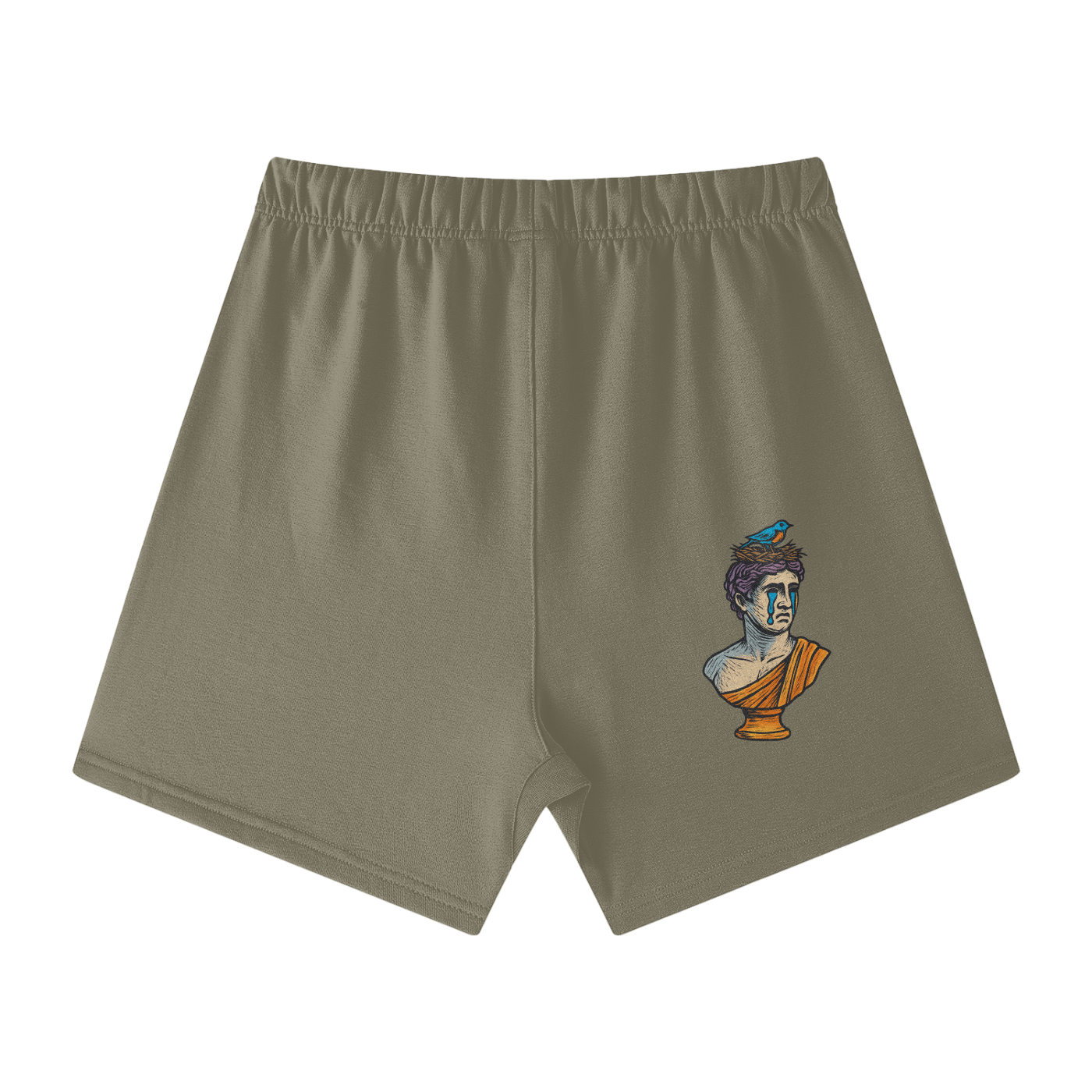 Gray Green Solar Equilibrium cotton shorts back – Greek sculpture bust and bird combo, stylish street shorts