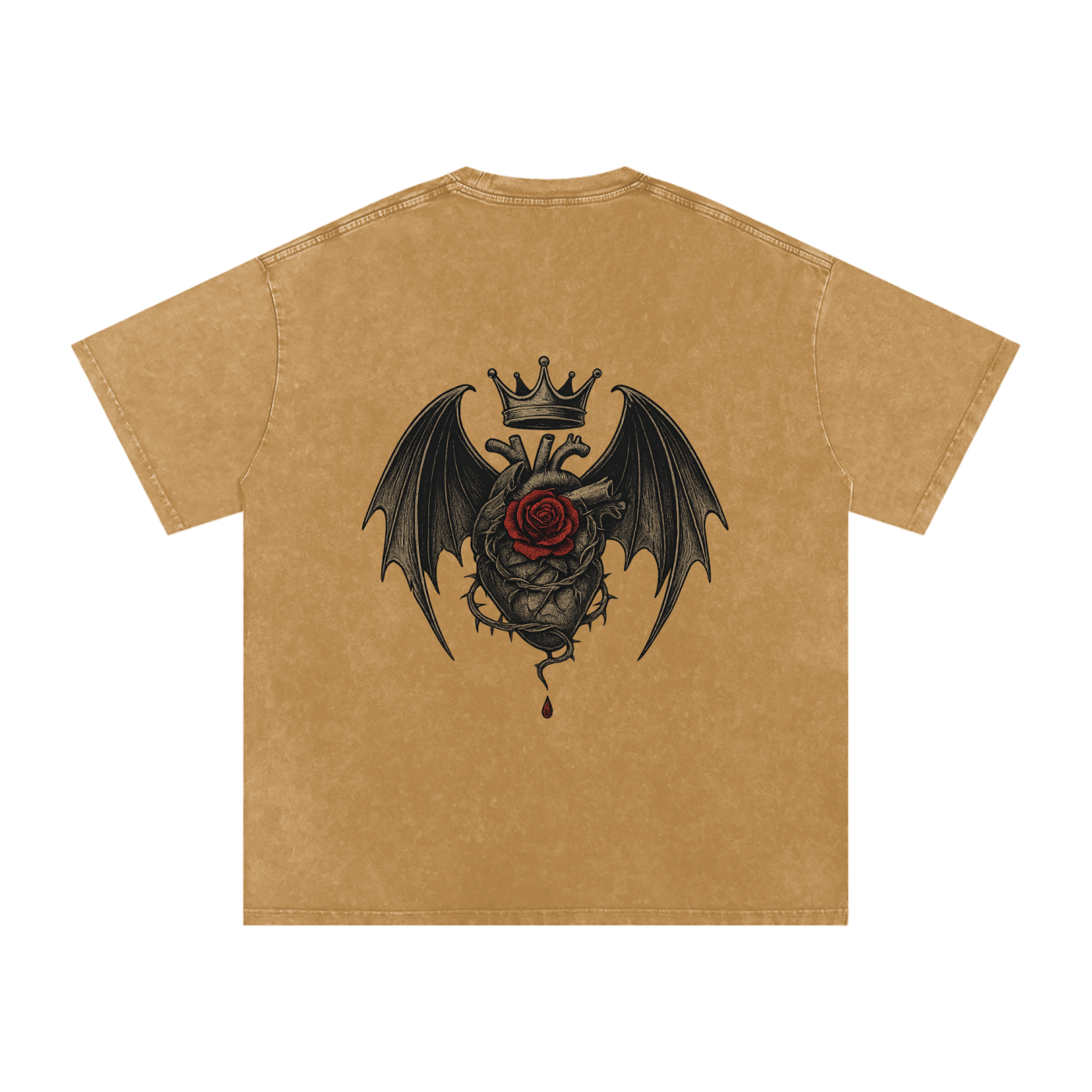 Back print of crowned bleeding heart with gothic wings and rose detail – unisex streetwear by Stitro Light Brown