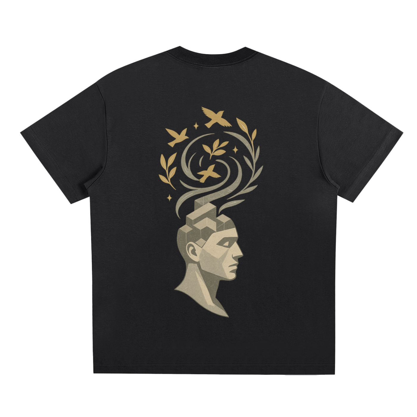 Back view showcasing the blooming mind concept with birds and leaves on black oversized tee
