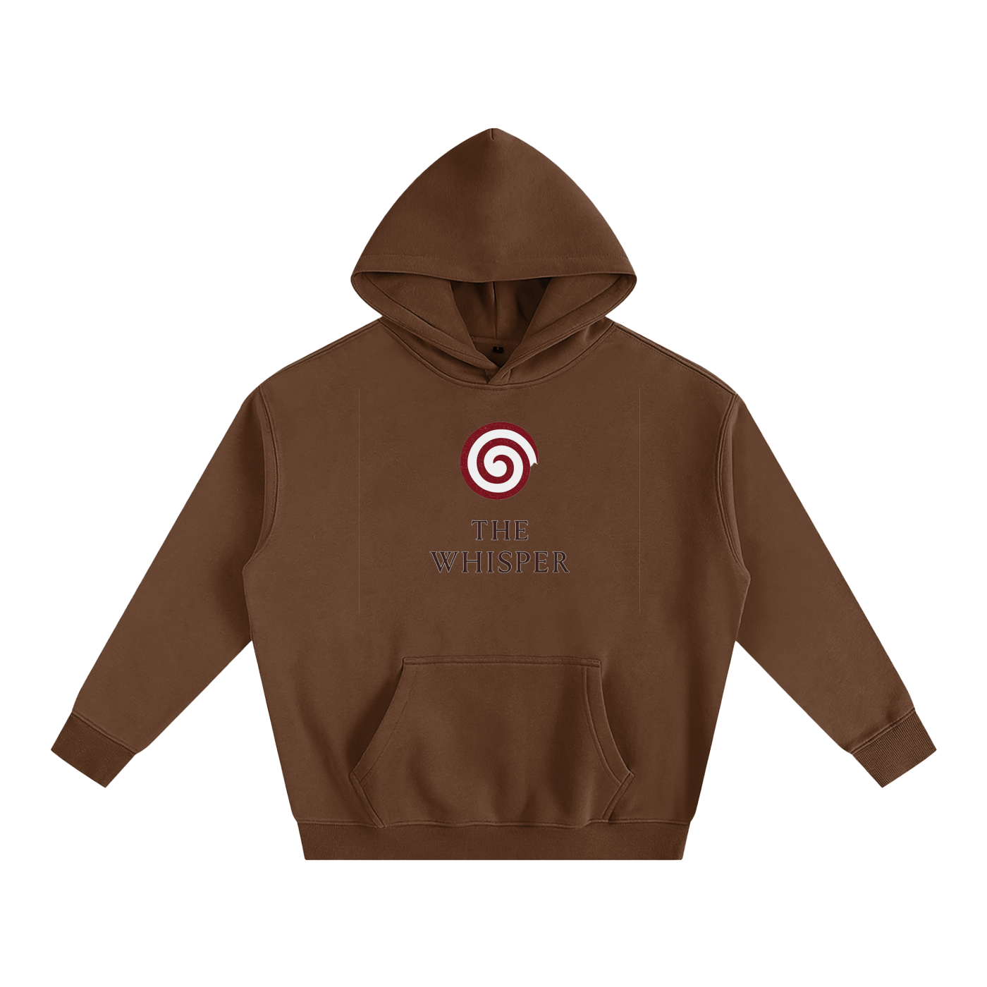 Mystic Spiral Eye graphic hoodie with printed front spiral emblem, coffee