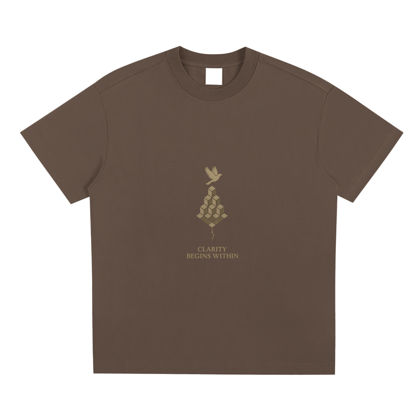 Front of brown Mind Bloom Sorona® tee with vintage golden print of expanding mind design