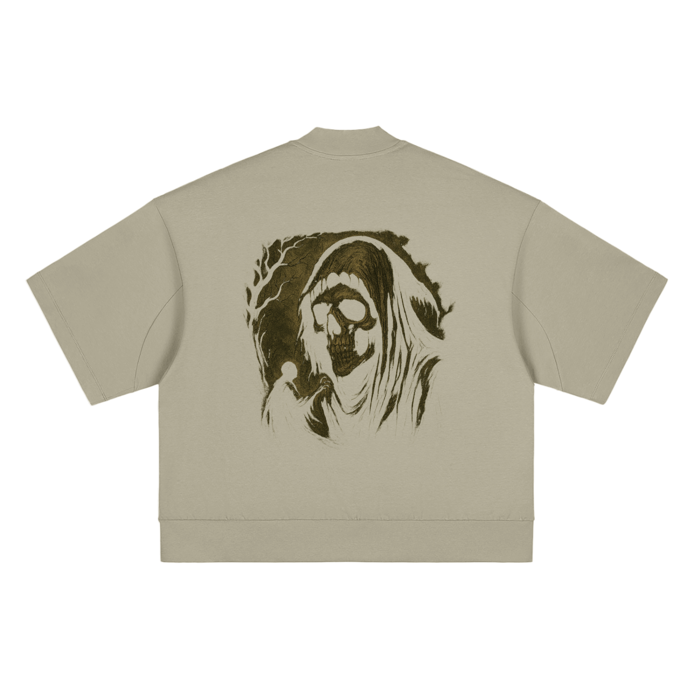 Streetwear skull back print on heavyweight washed tee, gray camel