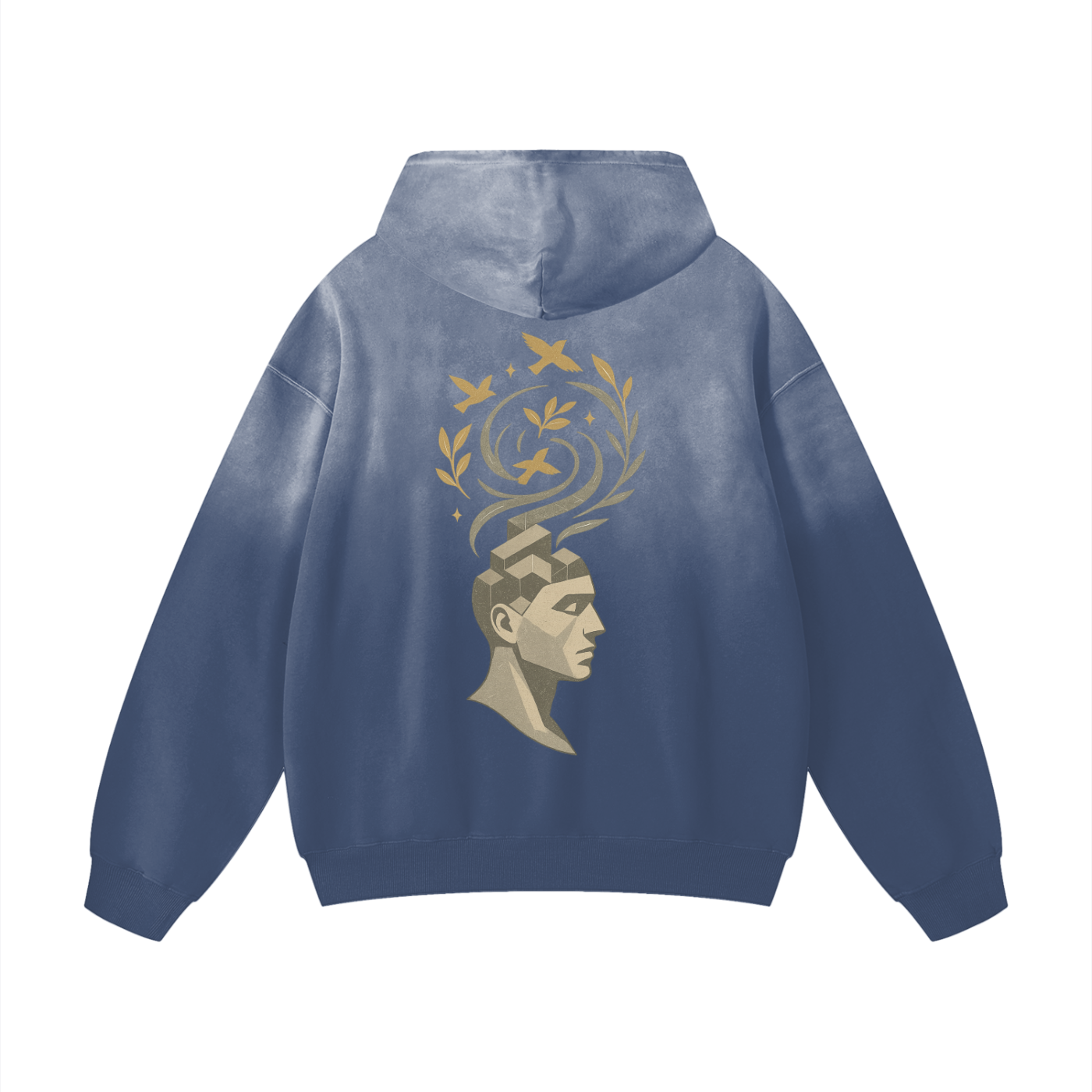 Vision Bloom abstract art graphic on back of gray blue hoodie: a symbol of blooming mind and tranquil rebellion.