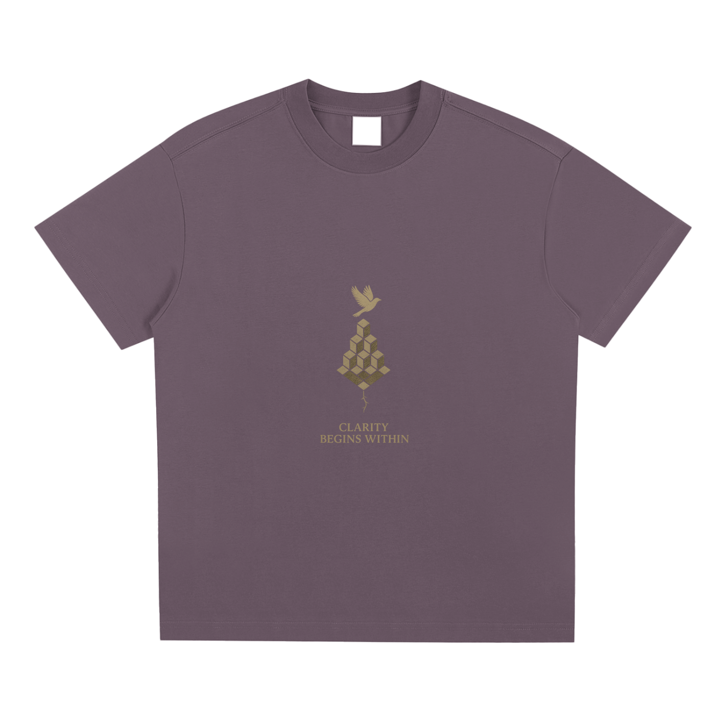 Plum purple front view of Mind Bloom tee with golden head and bird motif on soft cotton blend