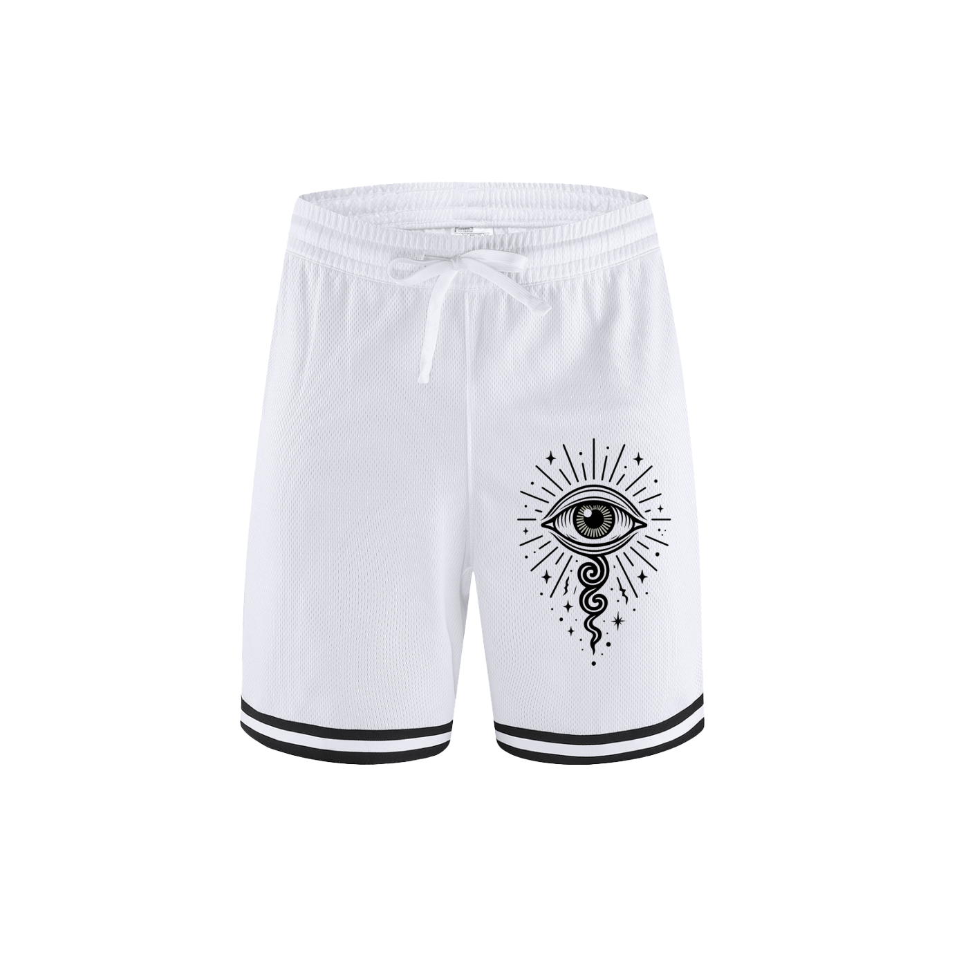 White sports shorts with radiant eye print and cosmic rays – All-Seeing Sprint