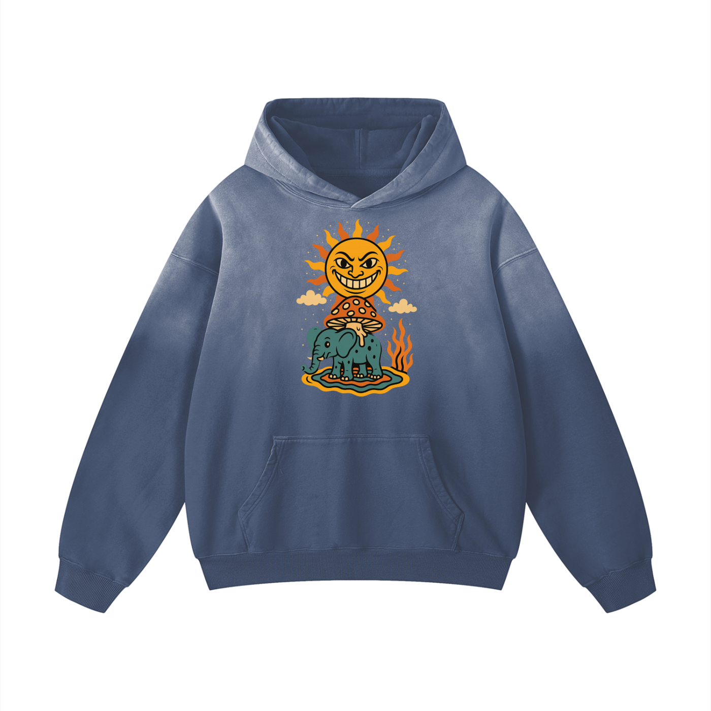 Bold celestial print on front of gray blue oversized hoodie