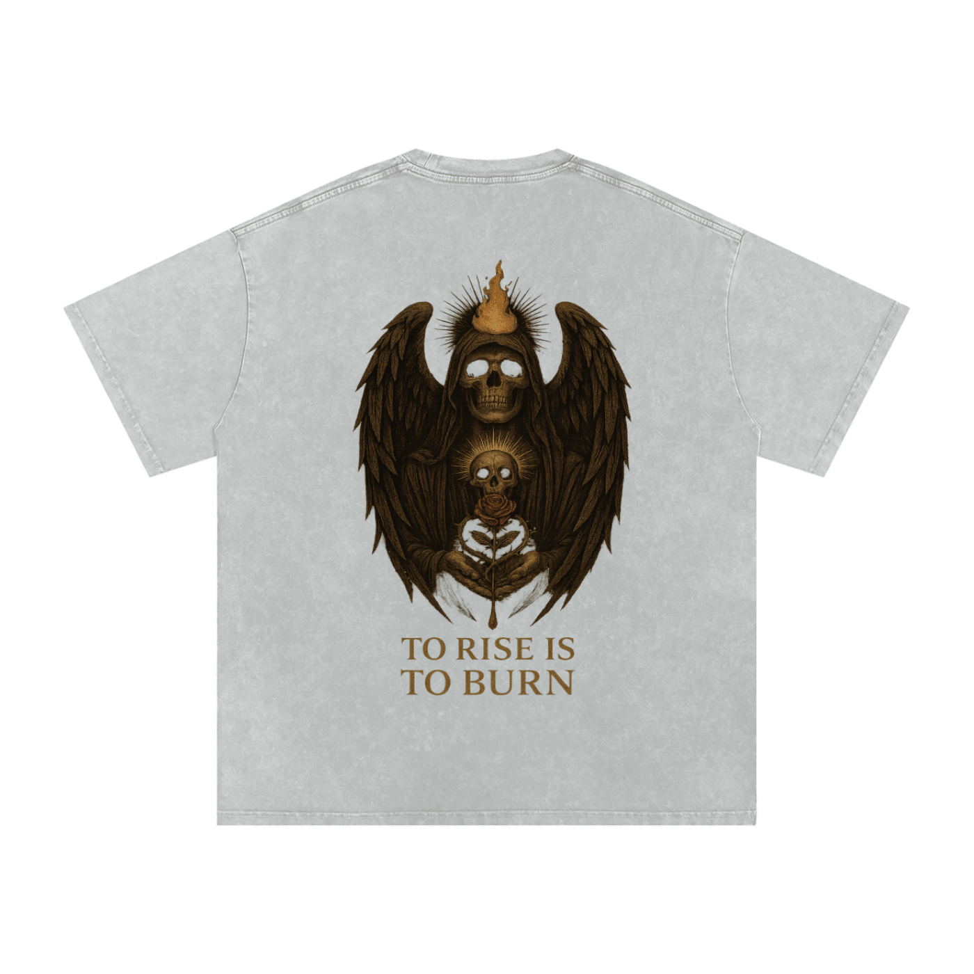 Back design of flaming skull angel holding a rose with ‘To Rise Is To Burn’ message – gothic oversized tee Light Gray