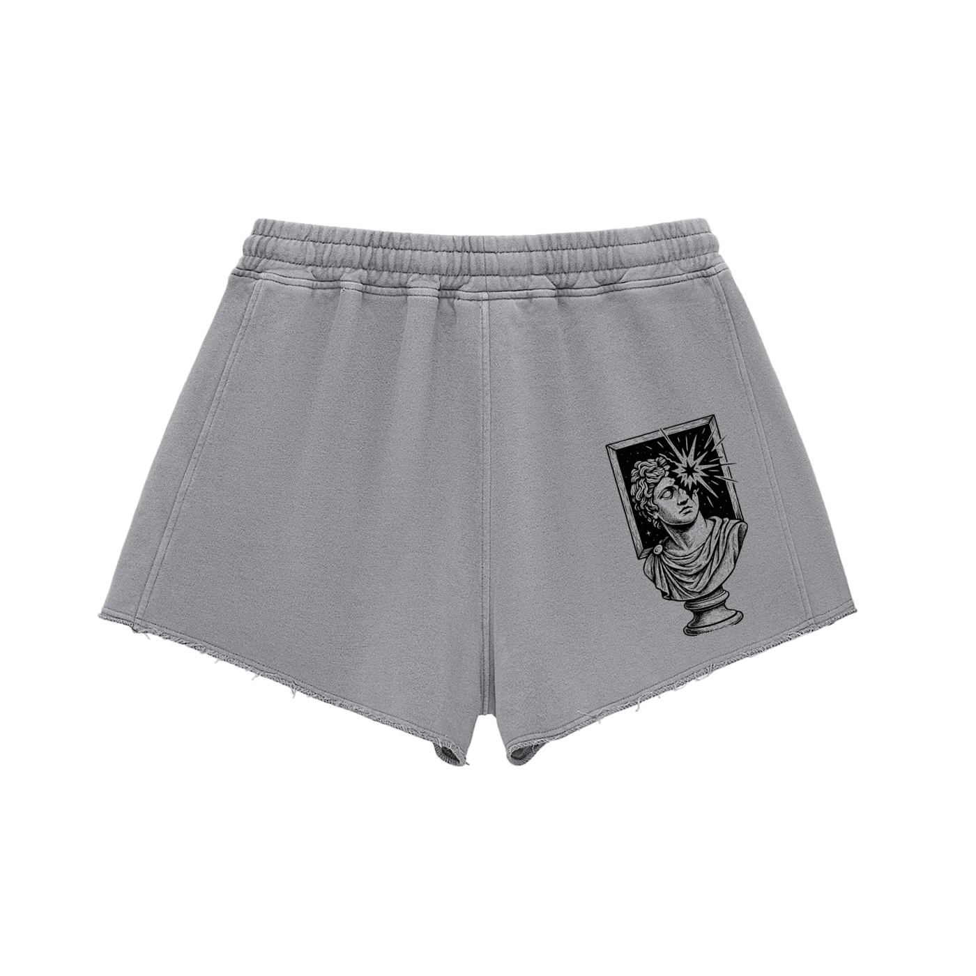 Back view of gray high waisted women's cotton shorts with frayed edge