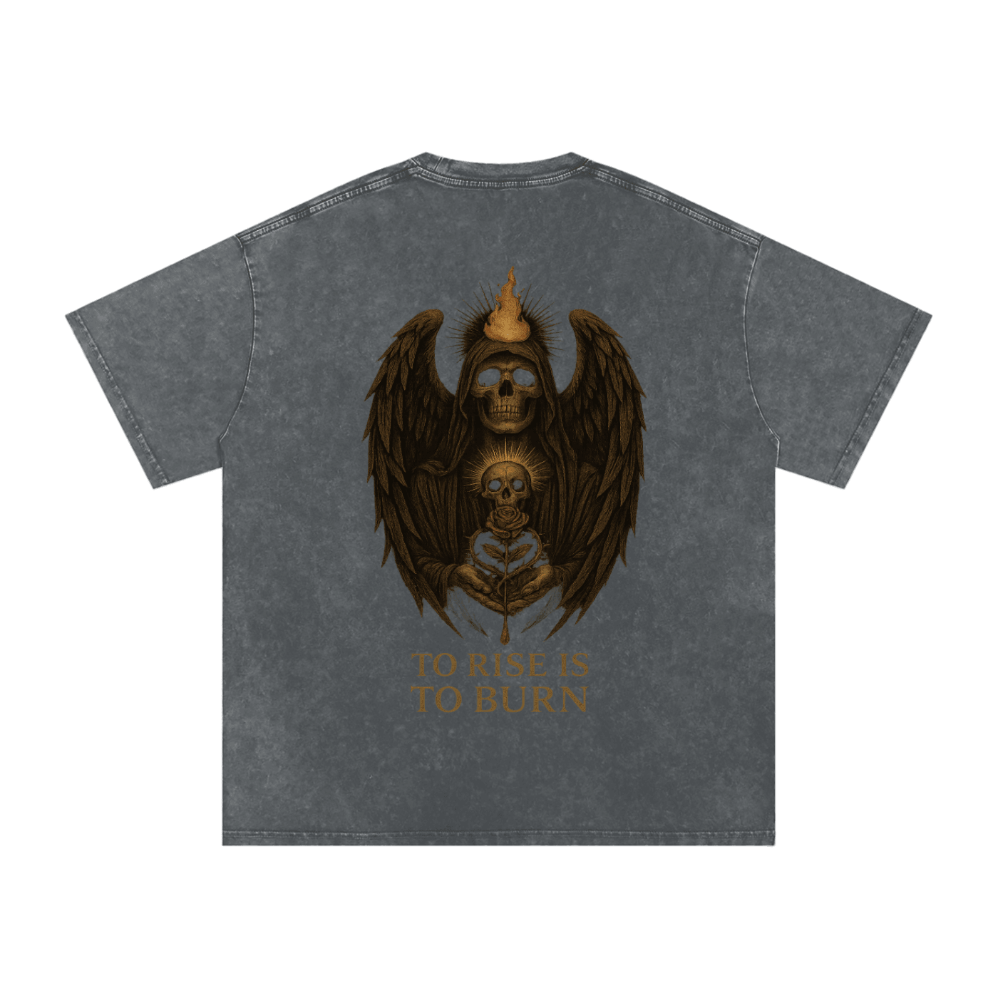 Back design of flaming skull angel holding a rose with ‘To Rise Is To Burn’ message – gothic oversized teePirate Gray
