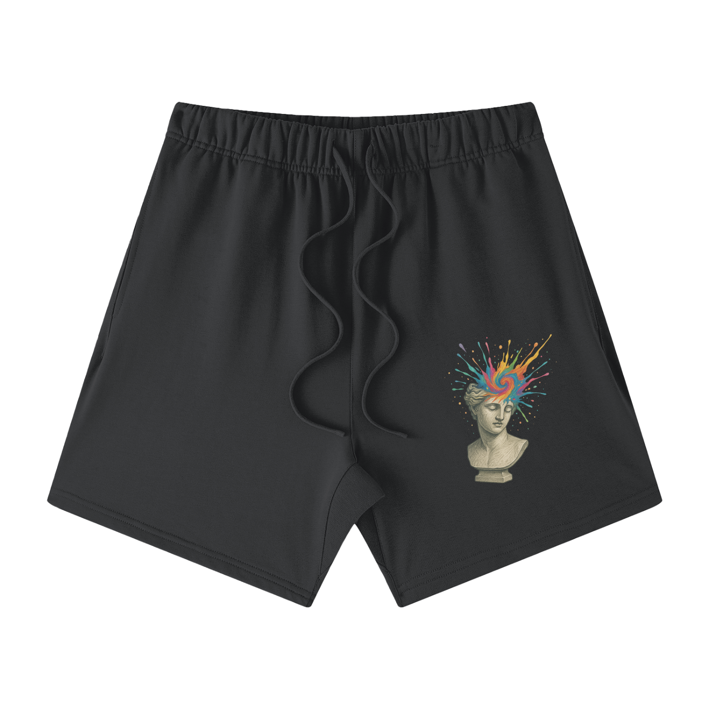 Carbon Gray Solar Equilibrium cotton shorts front – streetwear design with colorful statue print