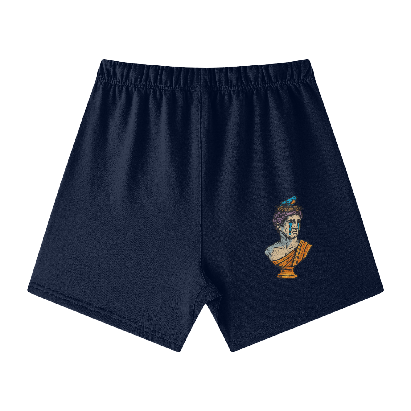 Navy Solar Equilibrium cotton shorts back – Roman bust emotional design with bird, urban casual streetwear