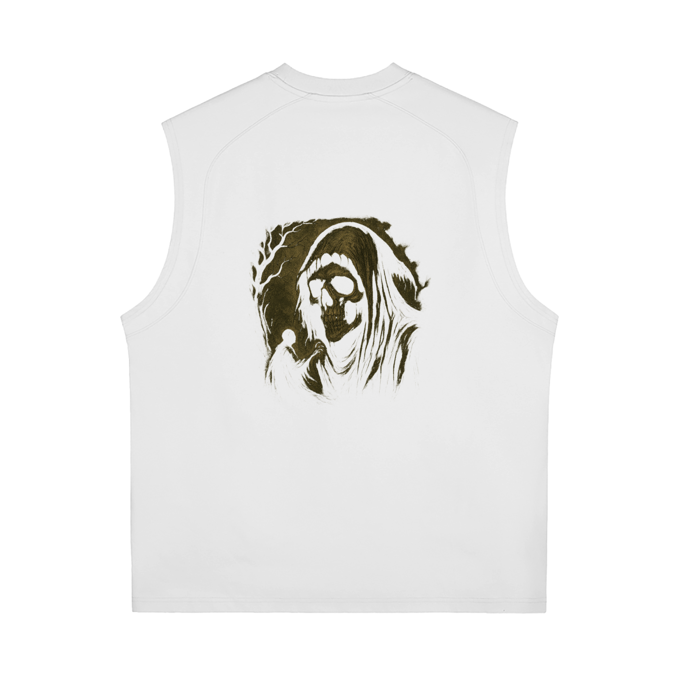 Sleeveless streetwear shirt with skull reaper artwork and soft fabric, white