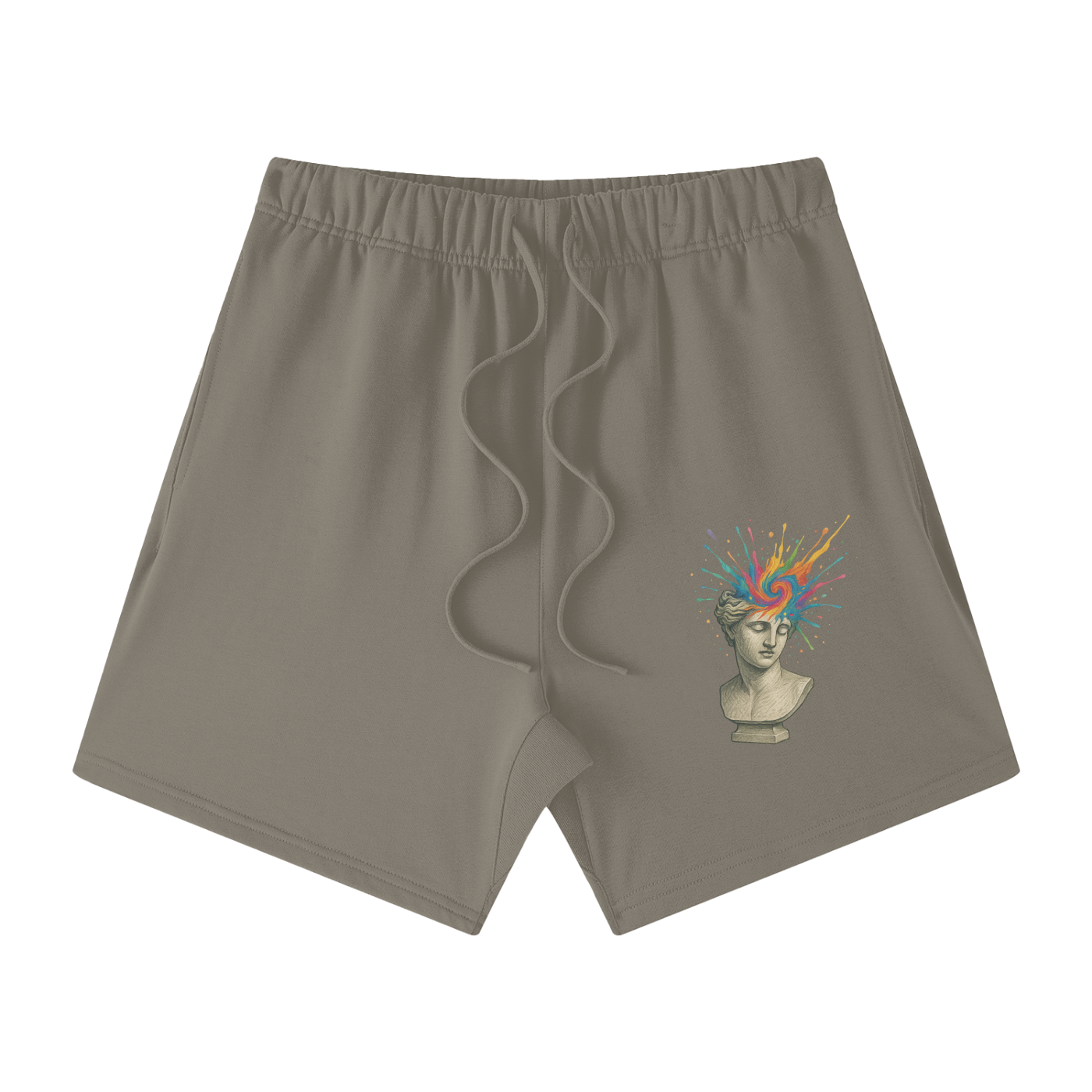 Gray Camel Solar Equilibrium cotton shorts front – expressive print of color burst statue, creative street fashion
