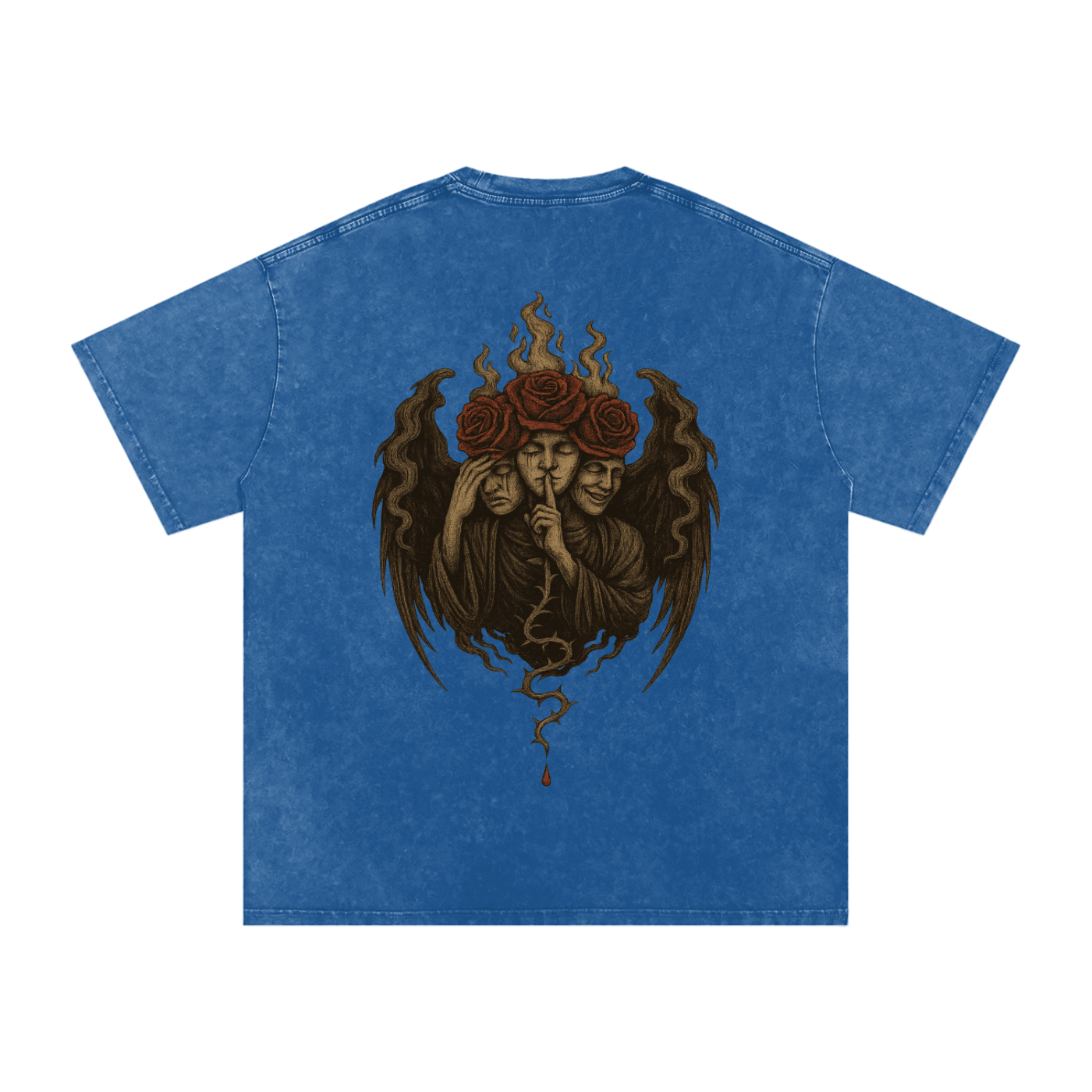 Back design of oversized graphic tee featuring three-faced gothic figure with roses and rising smoke Dark Blue