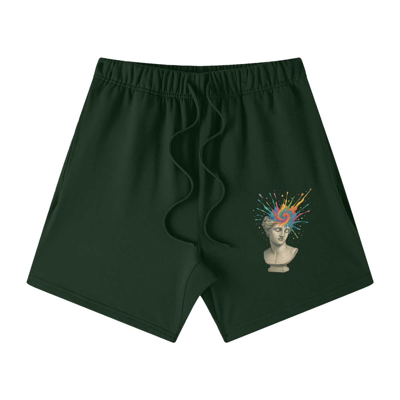 Blackish Green Solar Equilibrium cotton shorts front – psychedelic brain burst graphic, artistic aesthetic style