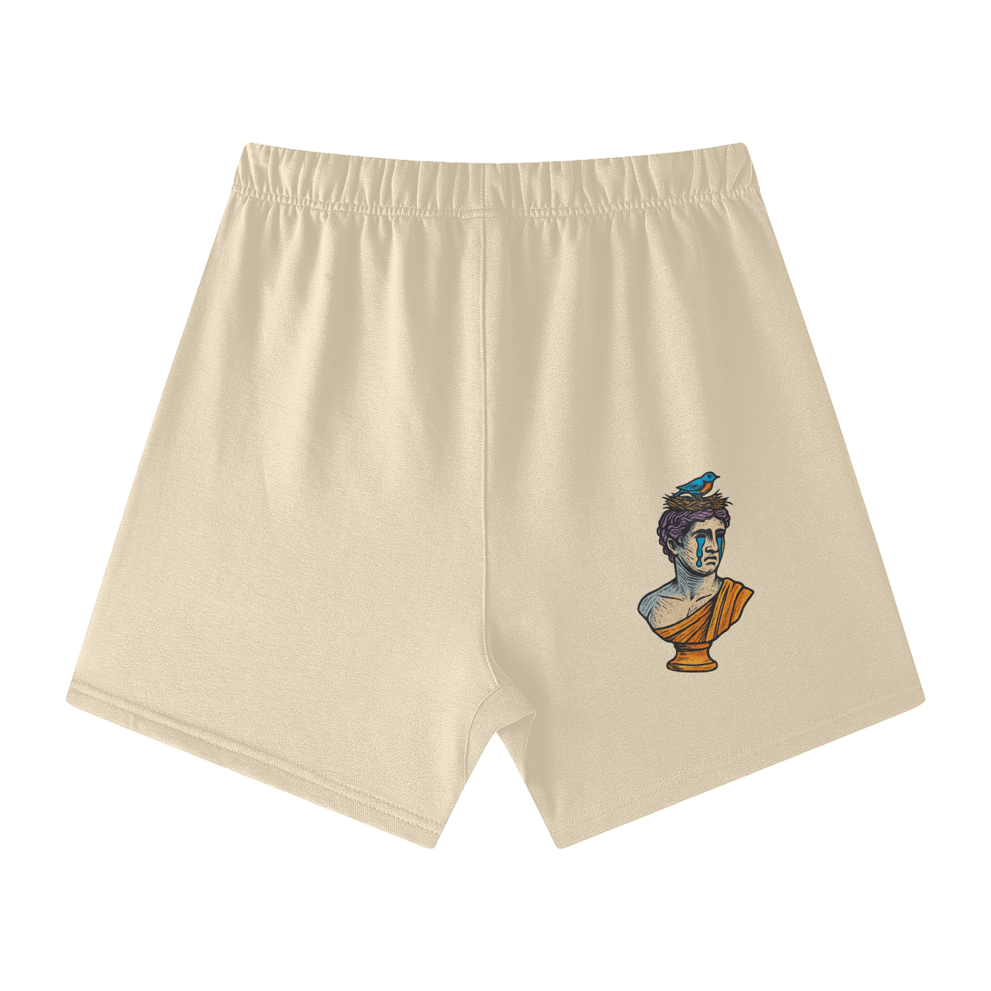 Milk Tea Solar Equilibrium cotton shorts back – moody Greek bust and bird graphic, high waist men’s wear