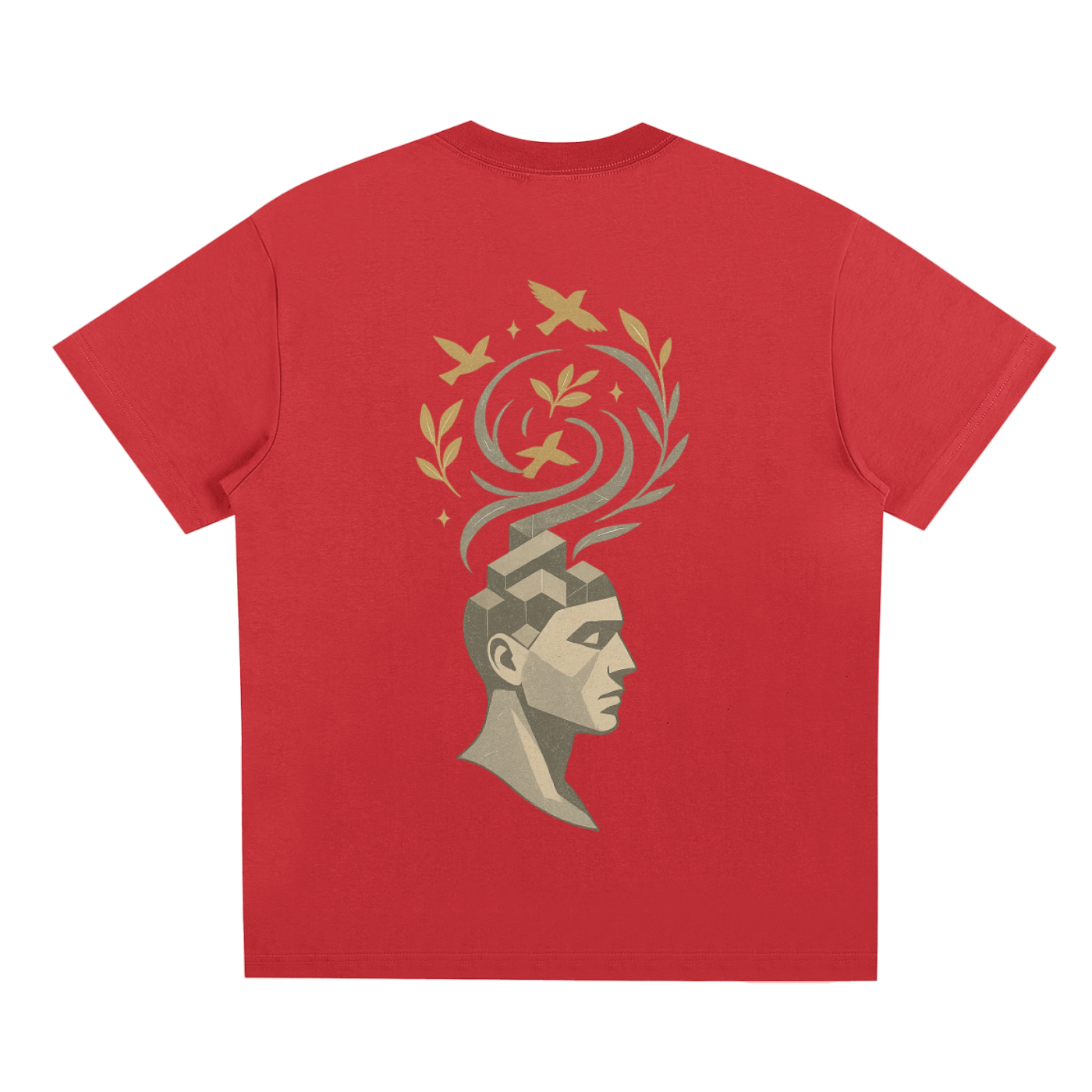 Rear design with abstract geometric head and golden bird swirls on red t-shirt