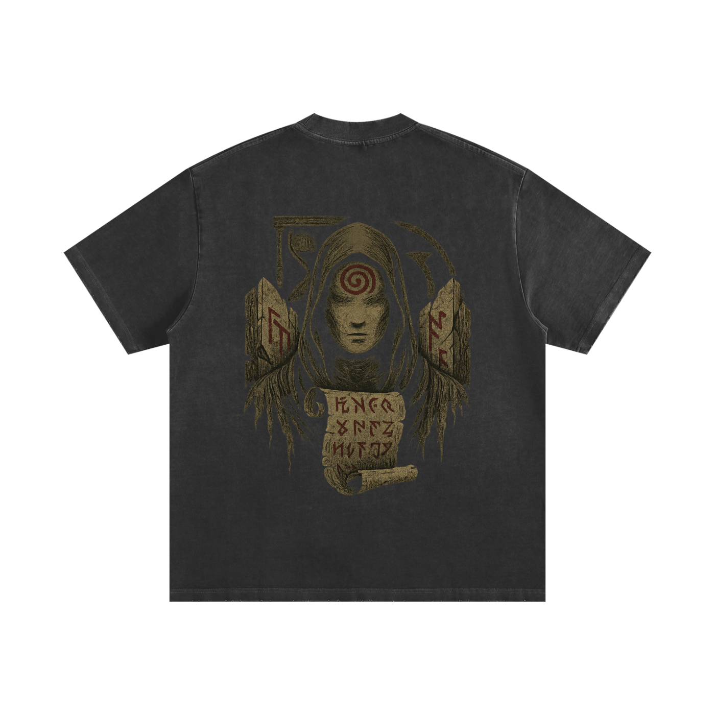 Spiral eye print on oversized washed 430g streetwear cotton shirt, black