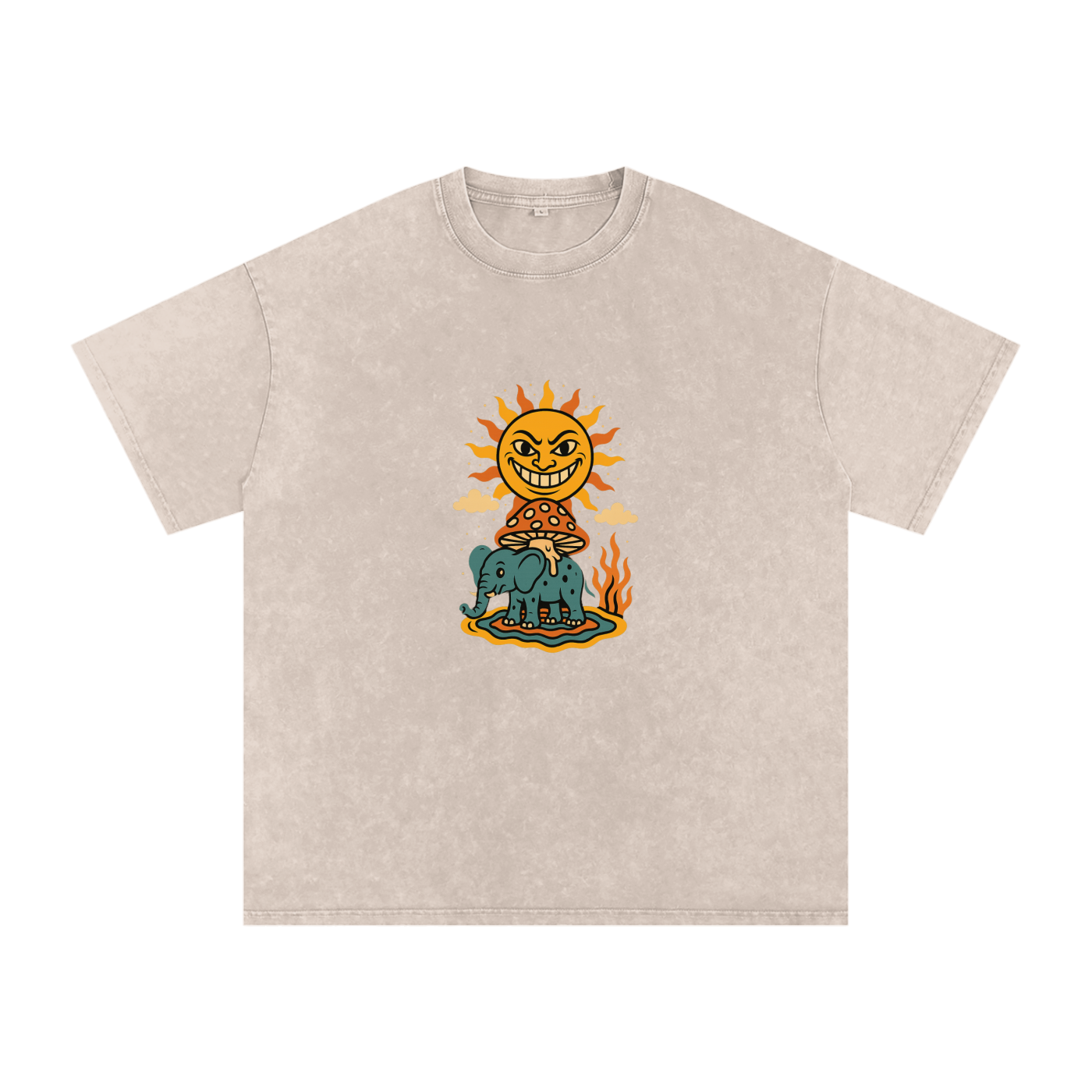 Mystic sun and elephant art on apricot unisex graphic tee