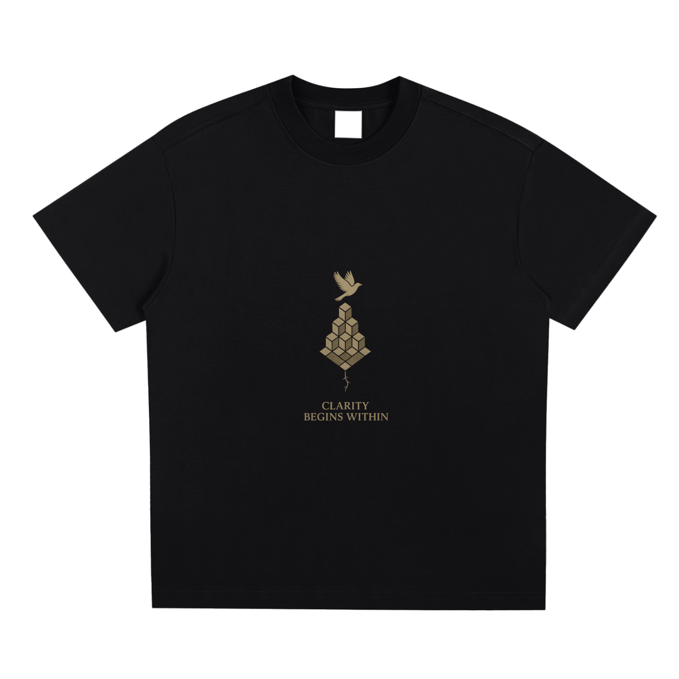 Front view of Mind Bloom tee with abstract head and golden birds design printed on black Sorona® cotton blend