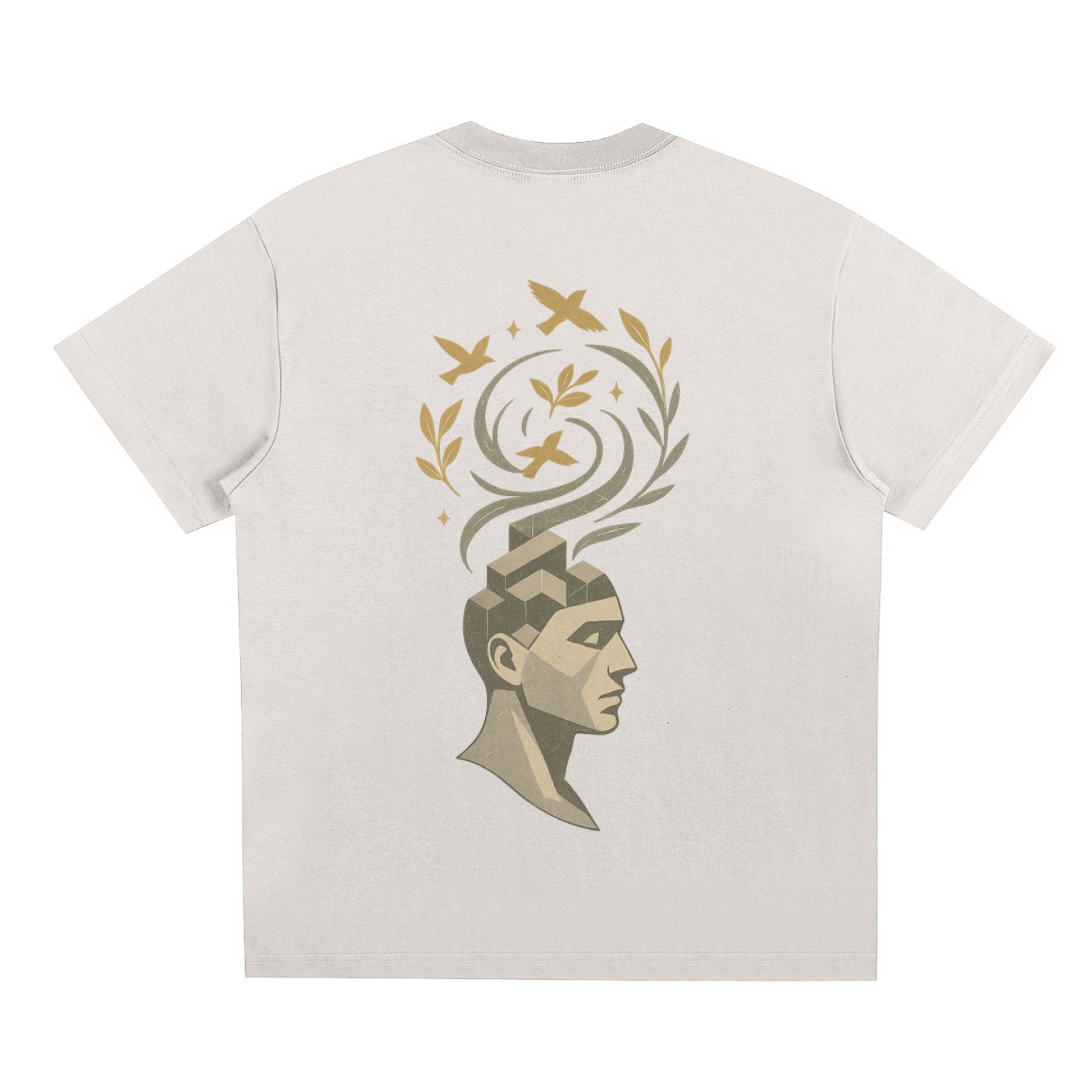 Back design on apricot fabric featuring surreal mind expansion illustration