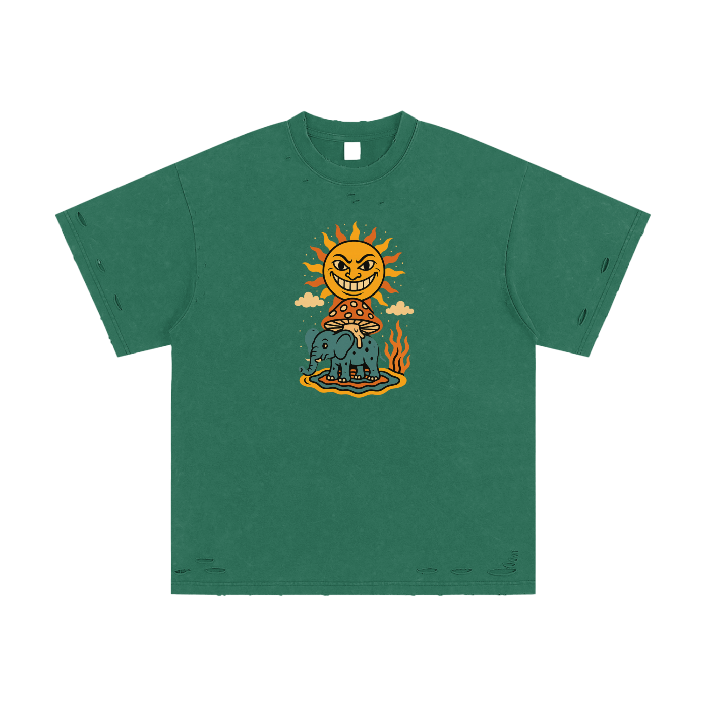 Skull wizard design on dark green cotton oversized graphic tee