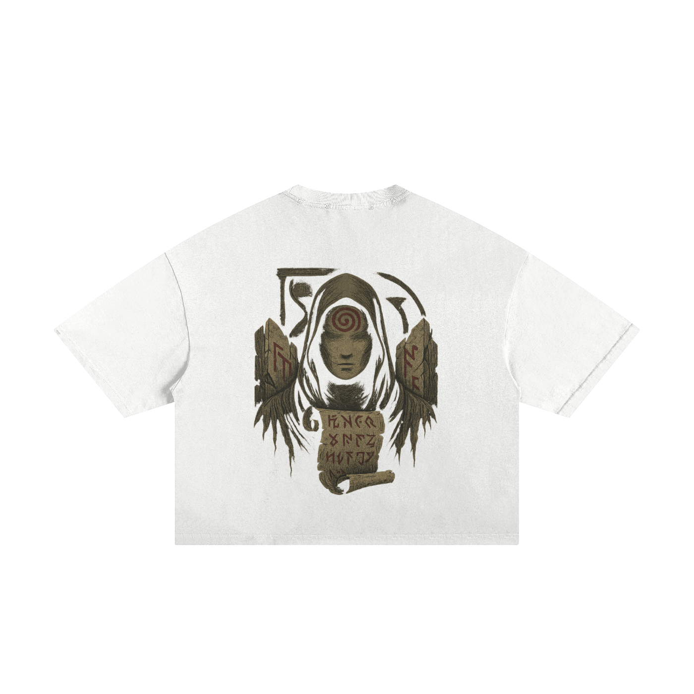 Bold spiral artwork on ripped style cotton t-shirt, white