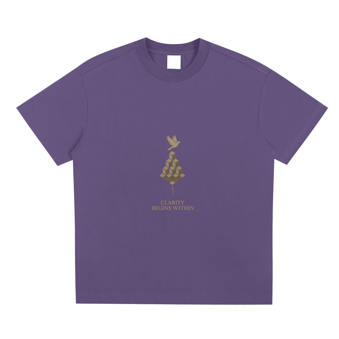 Front design of Mind Bloom tee with subtle golden artwork printed on misty purple background