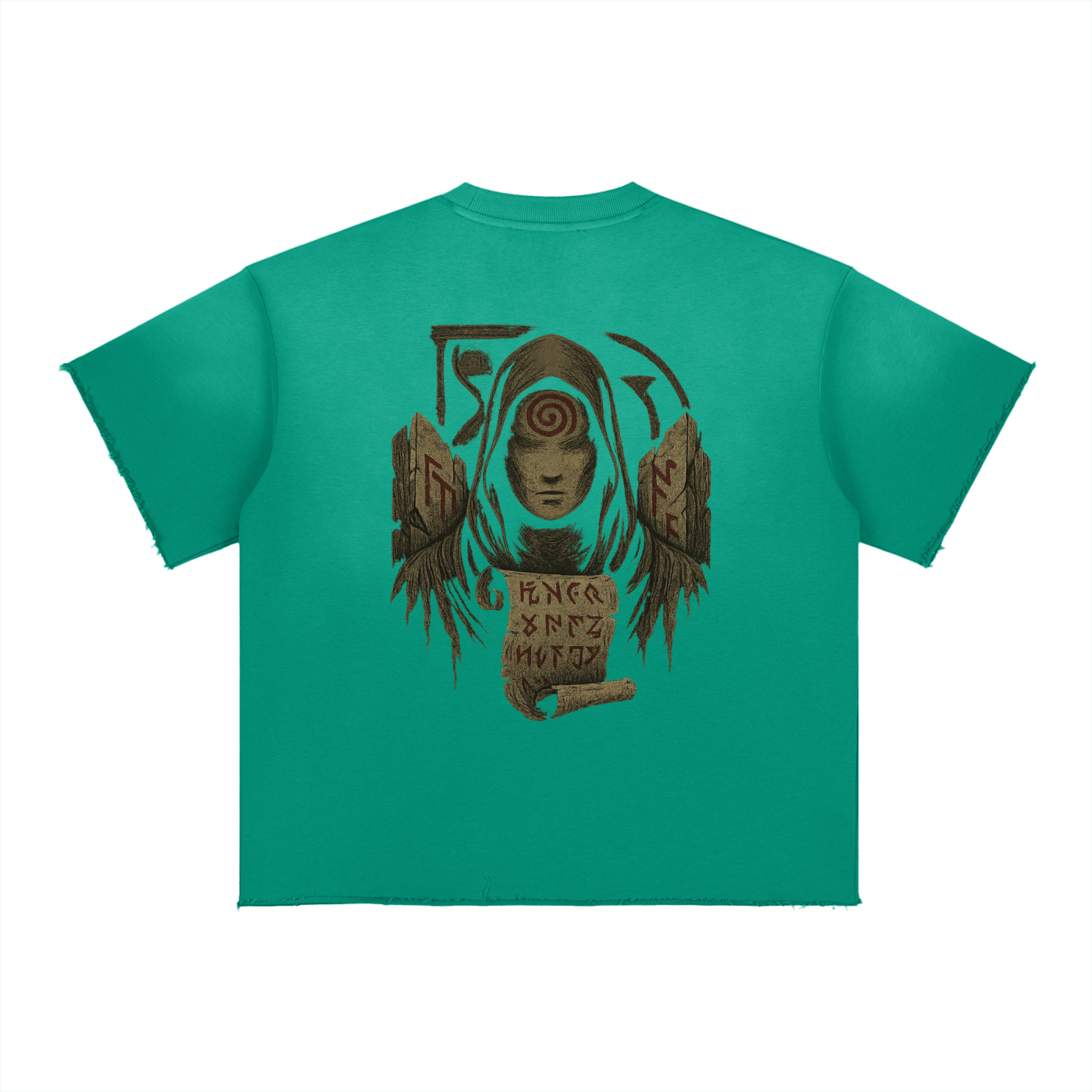 Streetwear shirt with mystical spiral back design and oversized fit, green