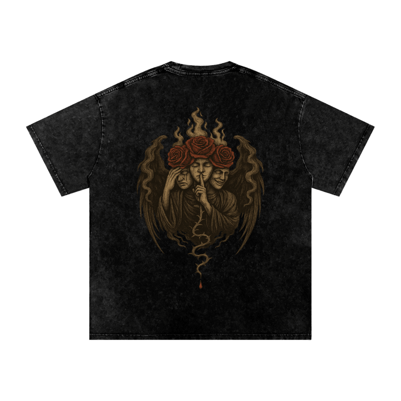 Back design of oversized graphic tee featuring three-faced gothic figure with roses and rising smoke black