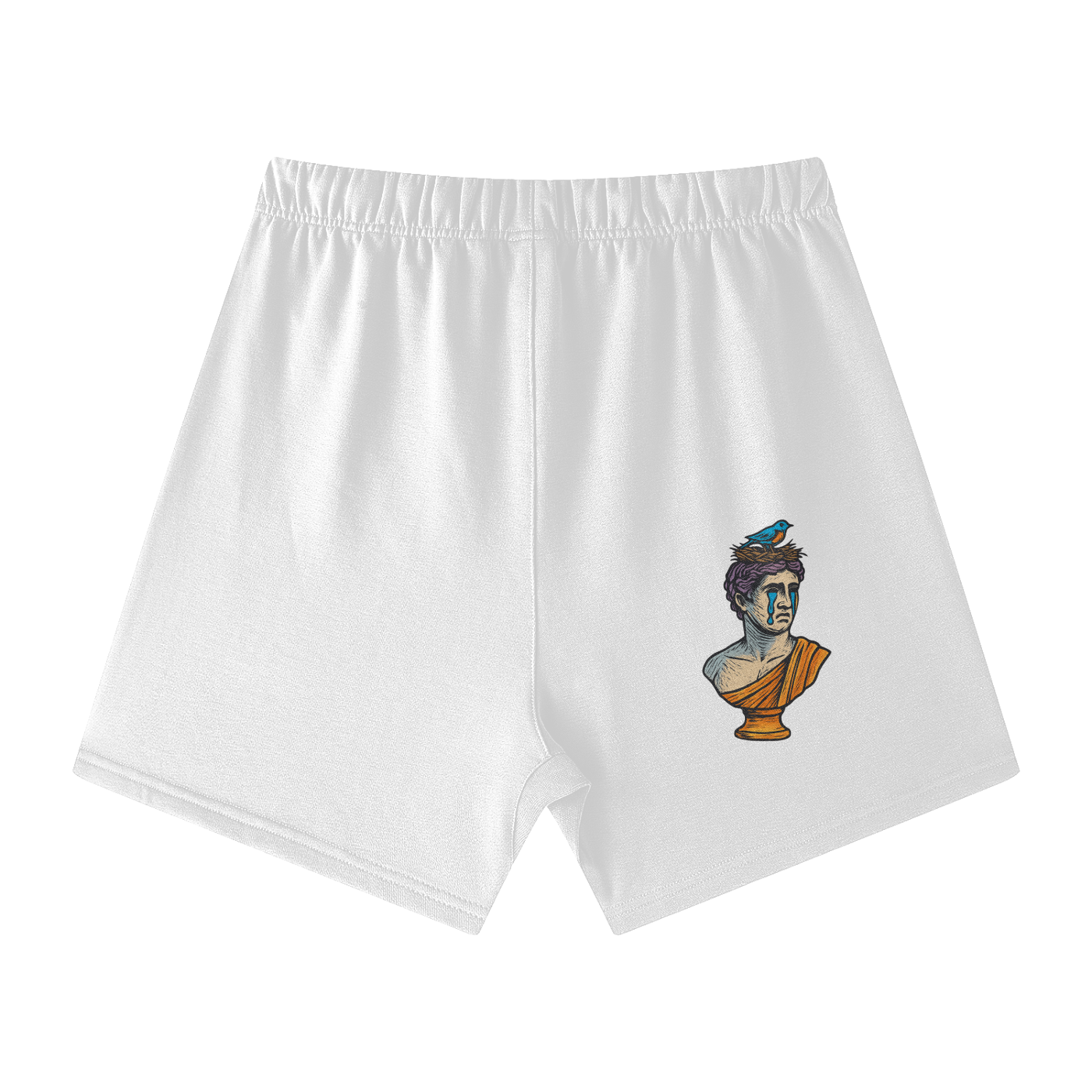 White Solar Equilibrium cotton shorts back – statue tear design, expressive back graphic, casual streetwear