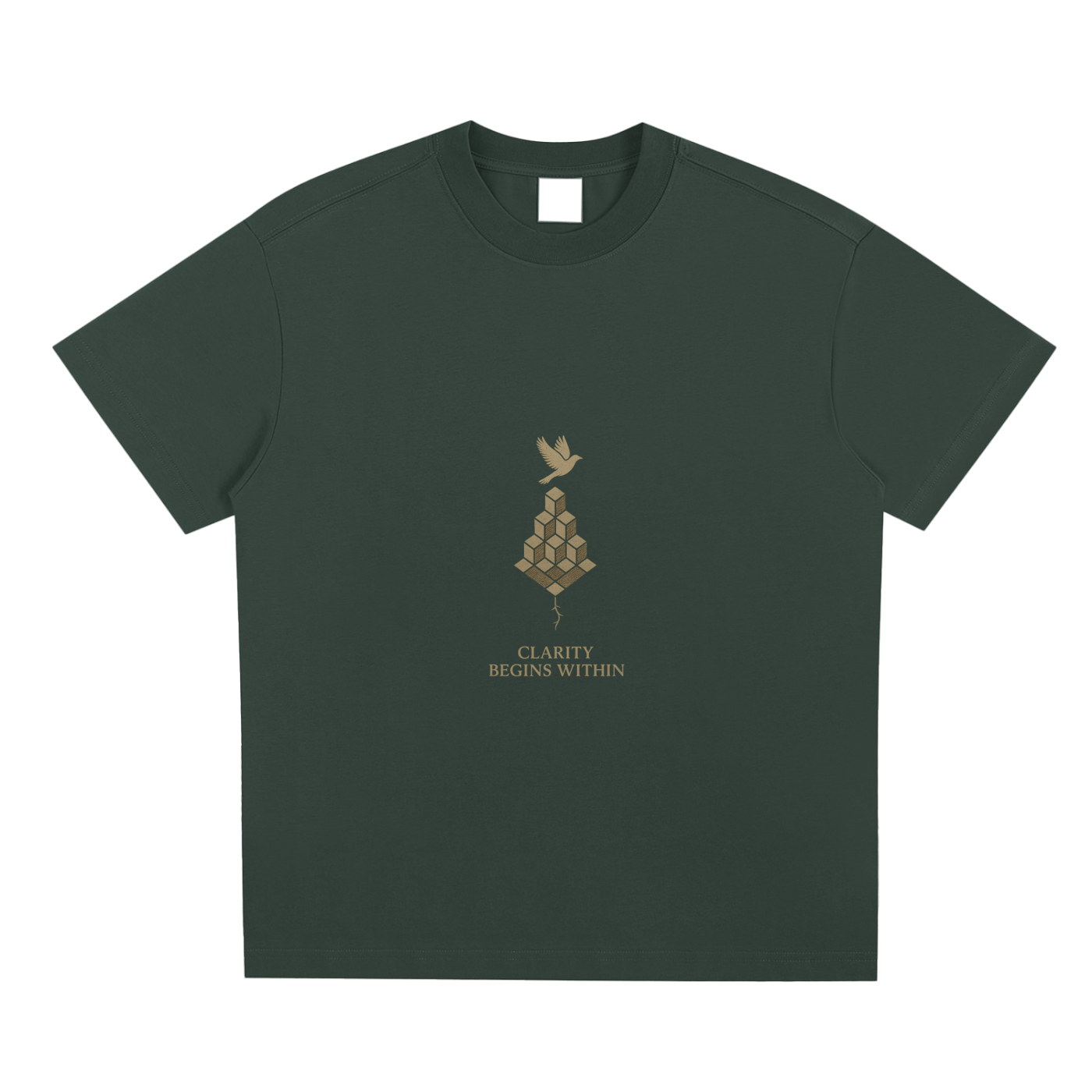 Green Mind Bloom tee front side featuring golden head and birds graphic on eco cotton blend