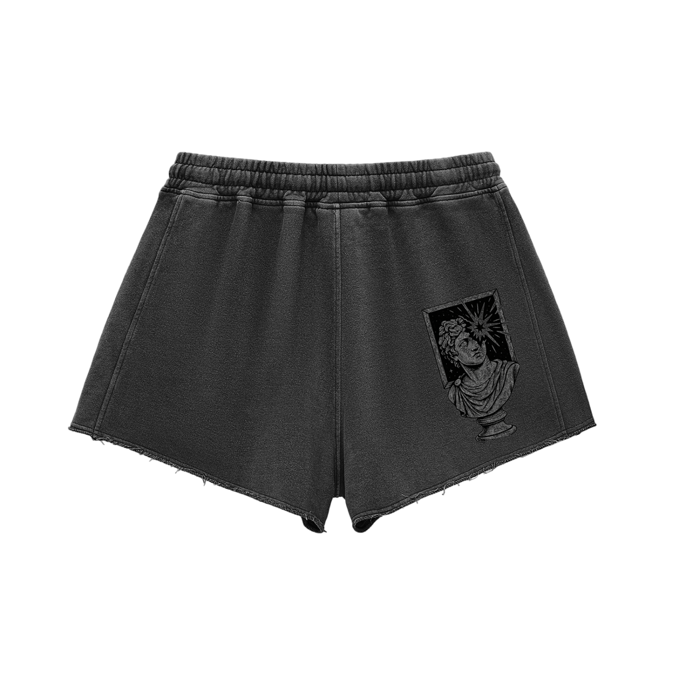 Back view of black high waisted women's cotton shorts with frayed hem