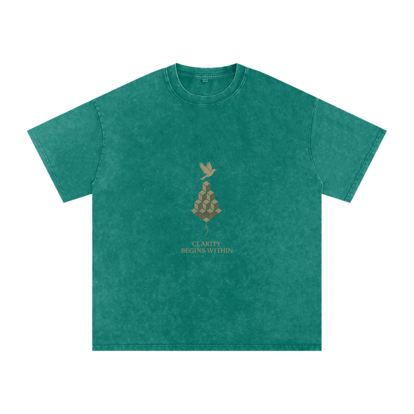Front view of abstract streetwear tee featuring symbolic golden artwork of a blooming head and flying birds on black cotton – Dark Green