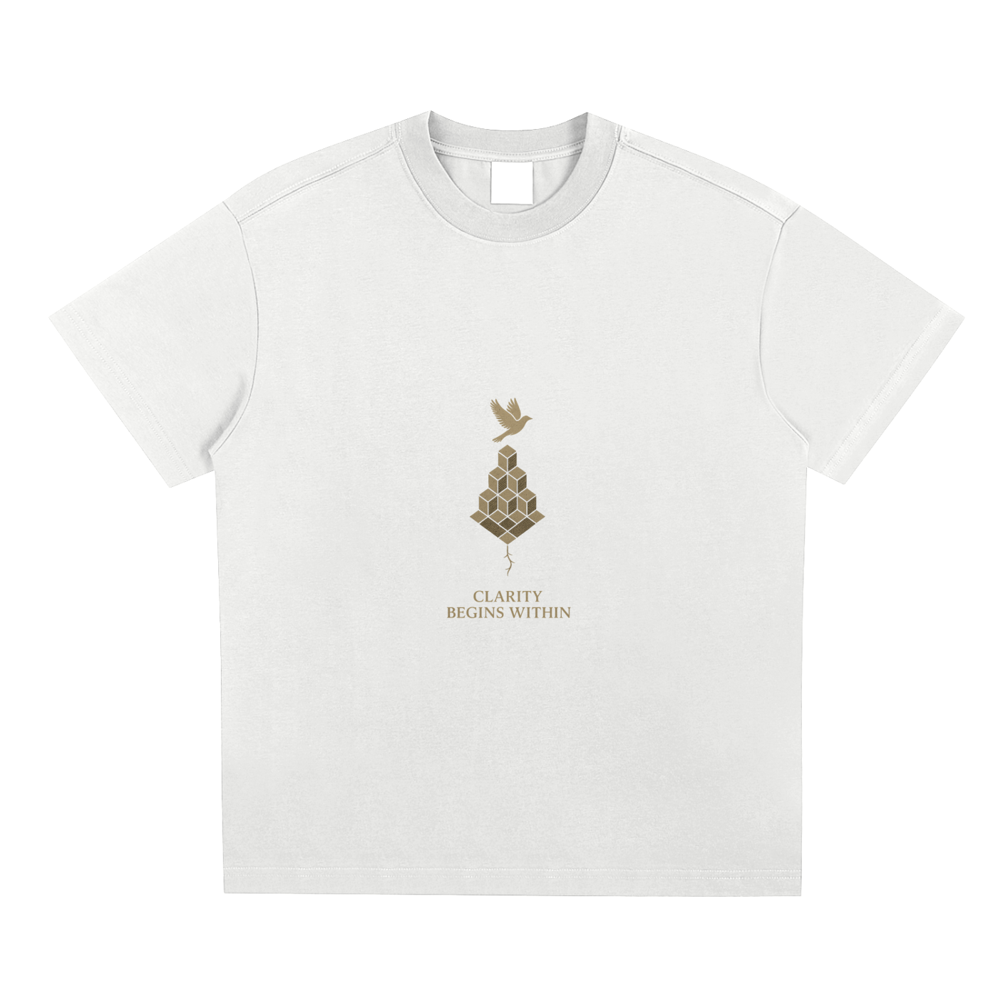 Crisp white tee front with golden Mind Bloom artwork printed on Sorona® blend