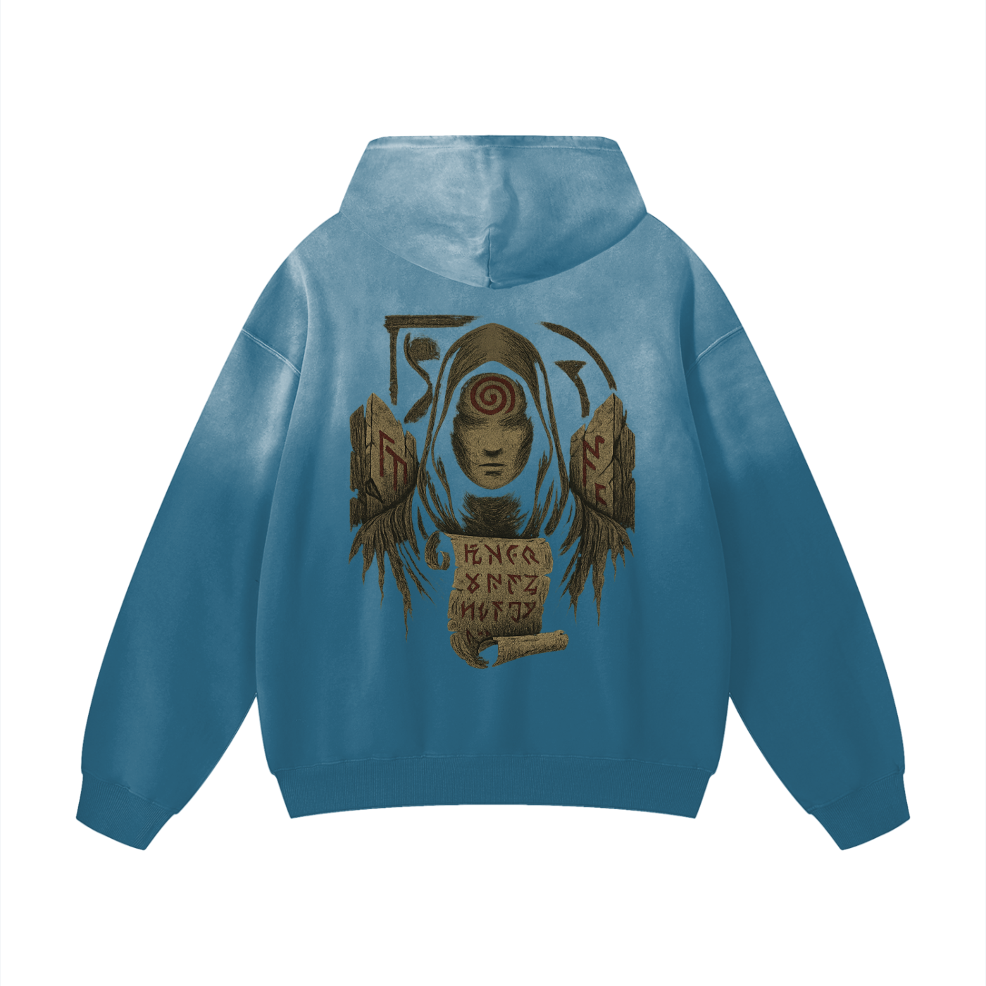 Back view of heavyweight streetwear hoodie with mystic print, jeans blue
